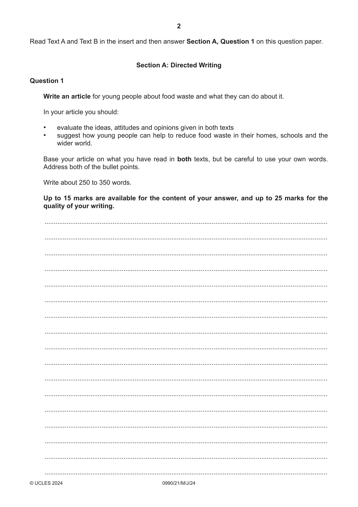 Cambridge IGCSE English - First Language (9-1) 0990 2024 May/June Paper 2 · Variant 1 question paper, page 2 of 12