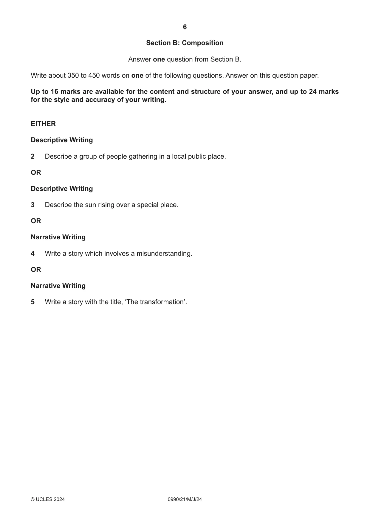 Cambridge IGCSE English - First Language (9-1) 0990 2024 May/June Paper 2 · Variant 1 question paper, page 6 of 12