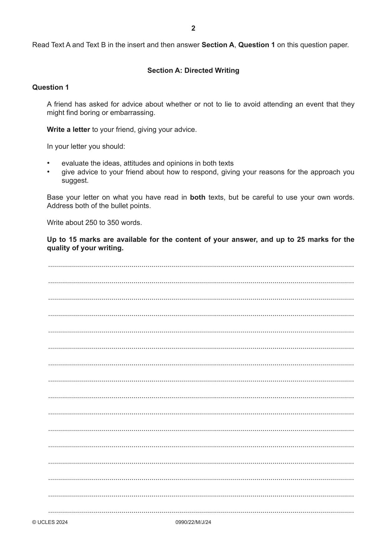 Cambridge IGCSE English - First Language (9-1) 0990 2024 May/June Paper 2 · Variant 2 question paper, page 2 of 12