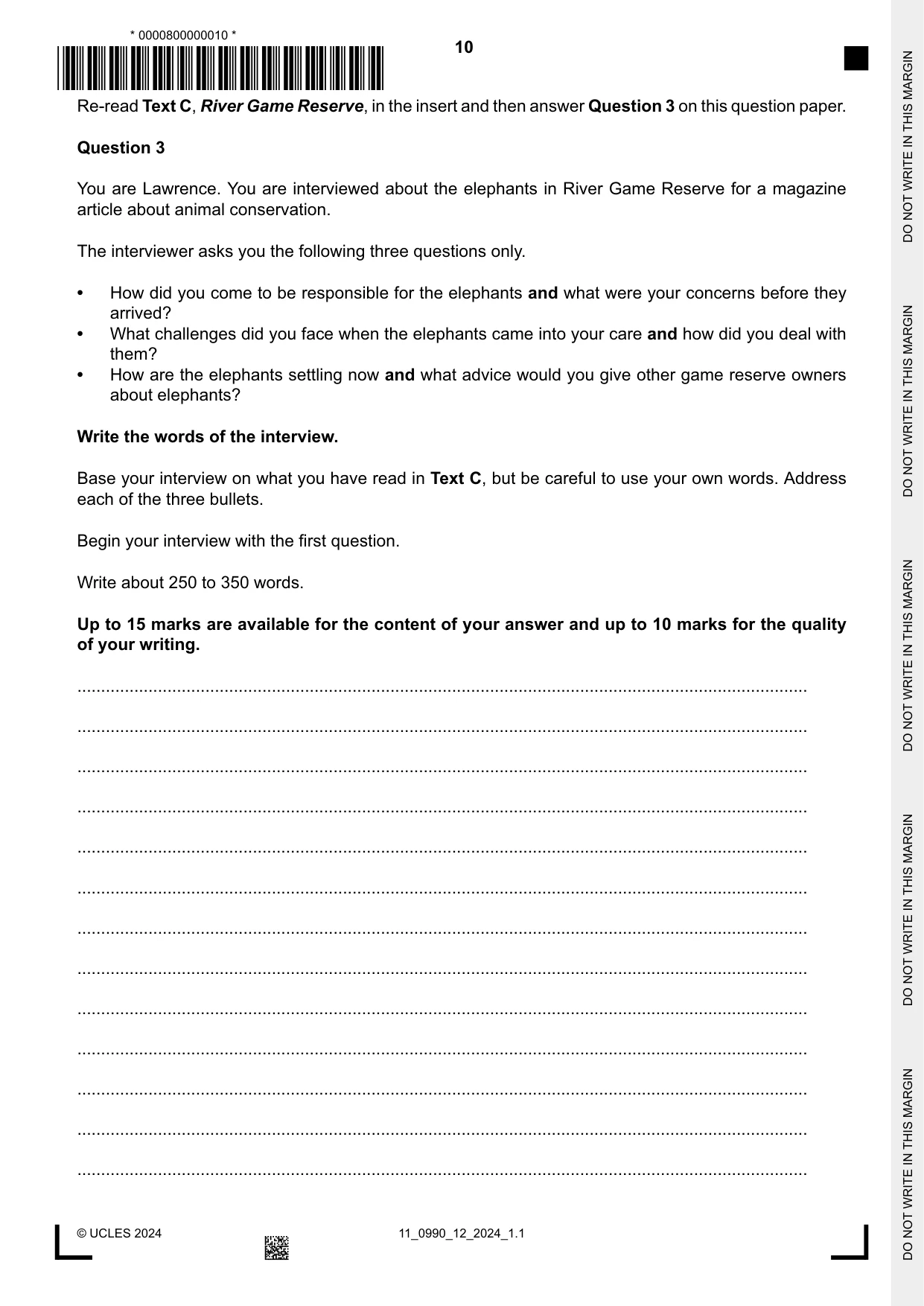 Cambridge IGCSE English - First Language (9-1) 0990 2024 Oct/Nov Paper 1 · Variant 2 question paper, page 10 of 16
