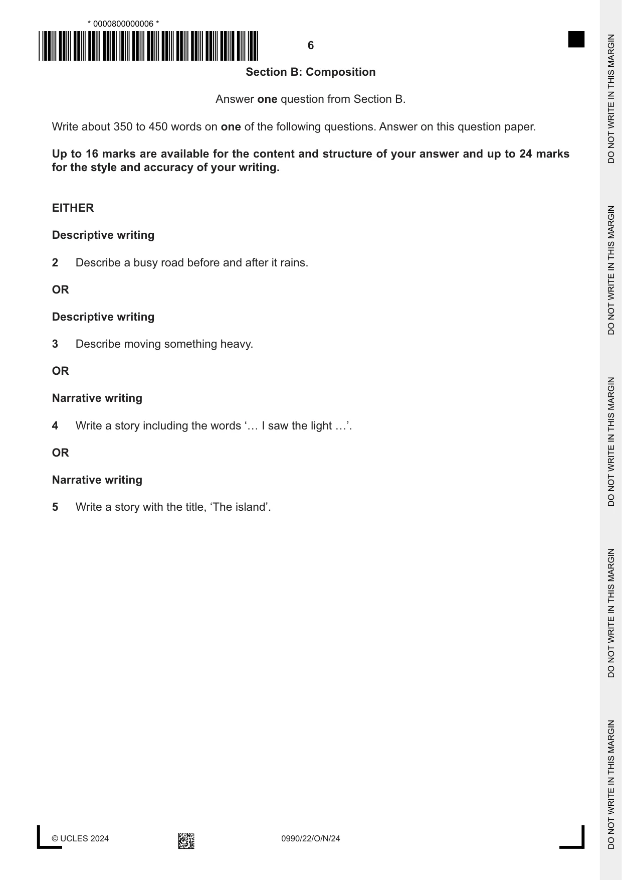 Cambridge IGCSE English - First Language (9-1) 0990 2024 Oct/Nov Paper 2 · Variant 2 question paper, page 6 of 12