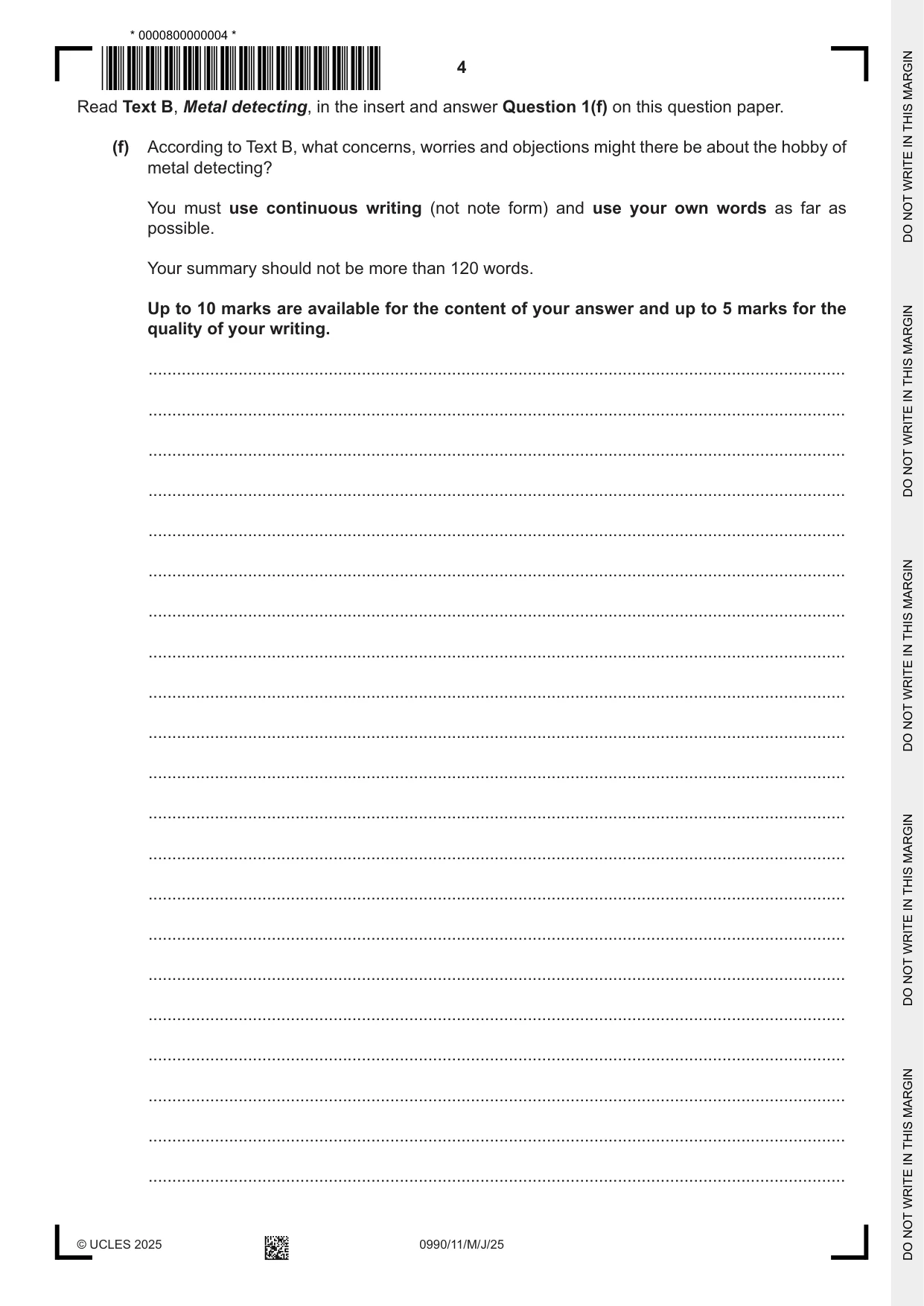 Cambridge IGCSE English - First Language (9-1) 0990 2025 May/June Paper 1 · Variant 1 question paper, page 4 of 16