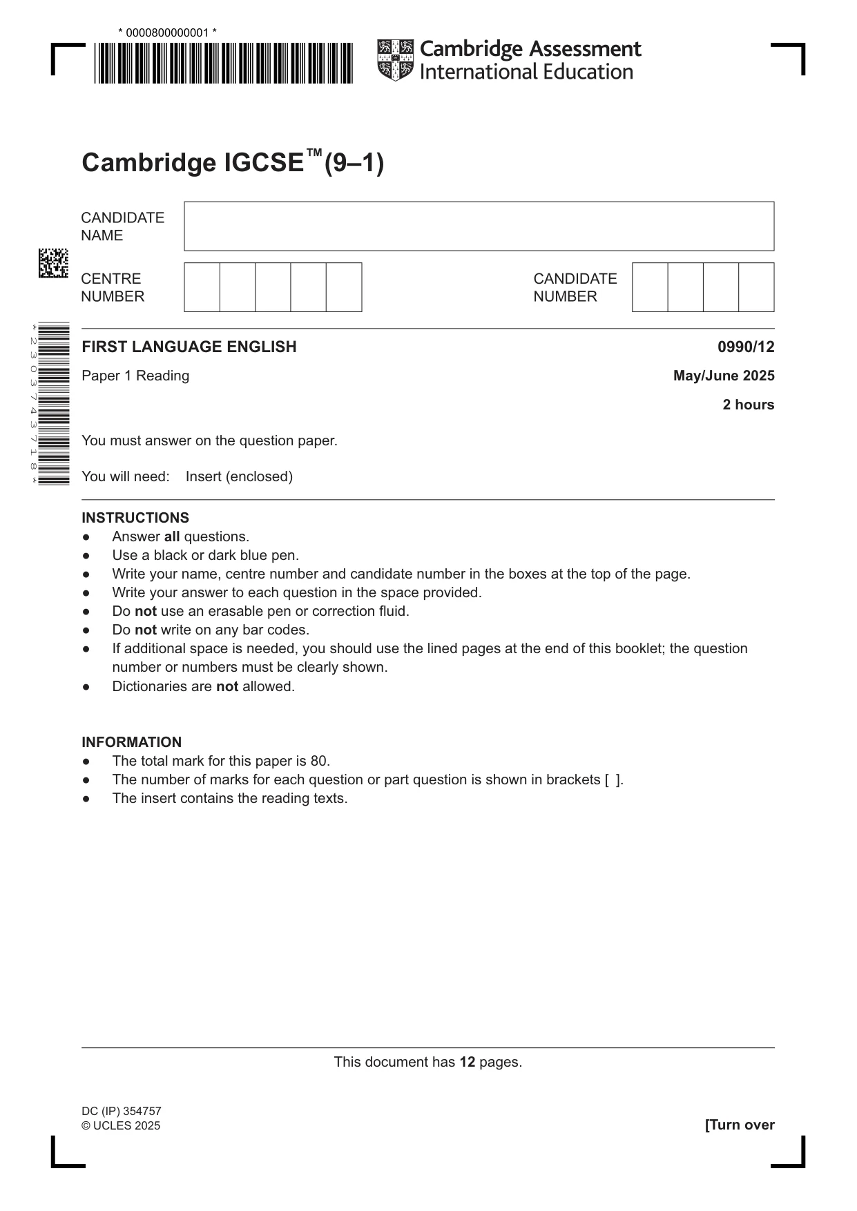 Cambridge IGCSE English - First Language (9-1) 0990 2025 May/June Paper 1 · Variant 2 question paper, page 1 of 12