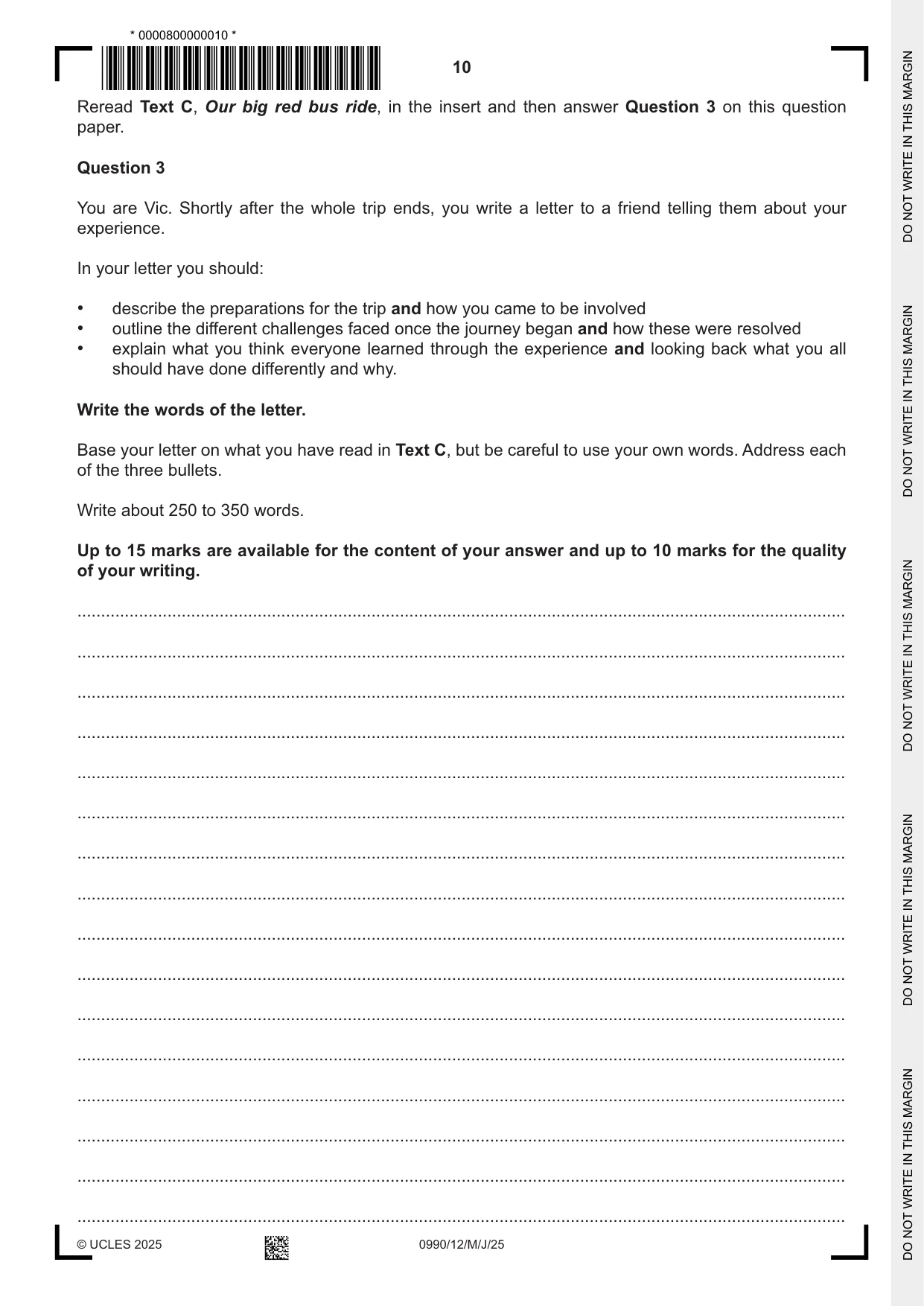 Cambridge IGCSE English - First Language (9-1) 0990 2025 May/June Paper 1 · Variant 2 question paper, page 10 of 12