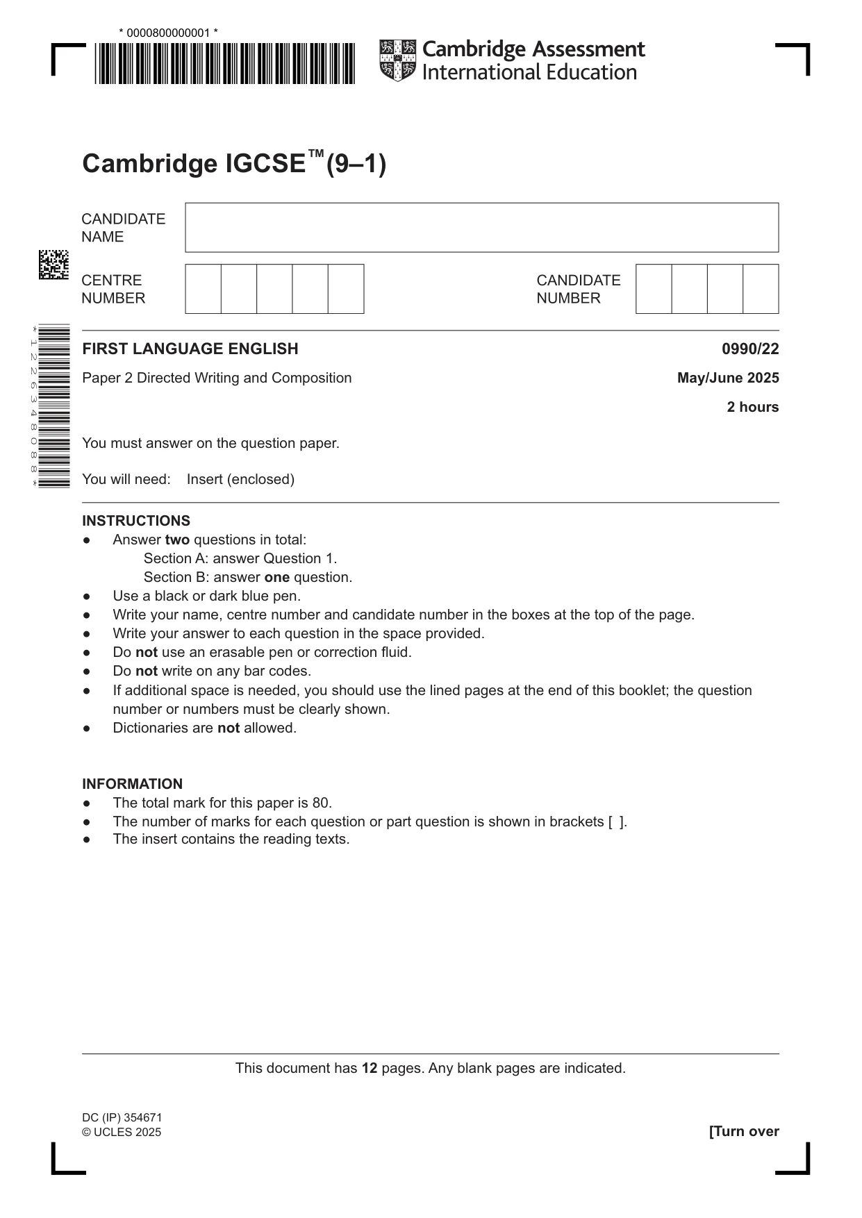 Cambridge IGCSE English - First Language (9-1) 0990 2025 May/June Paper 2 · Variant 2 question paper, page 1 of 12