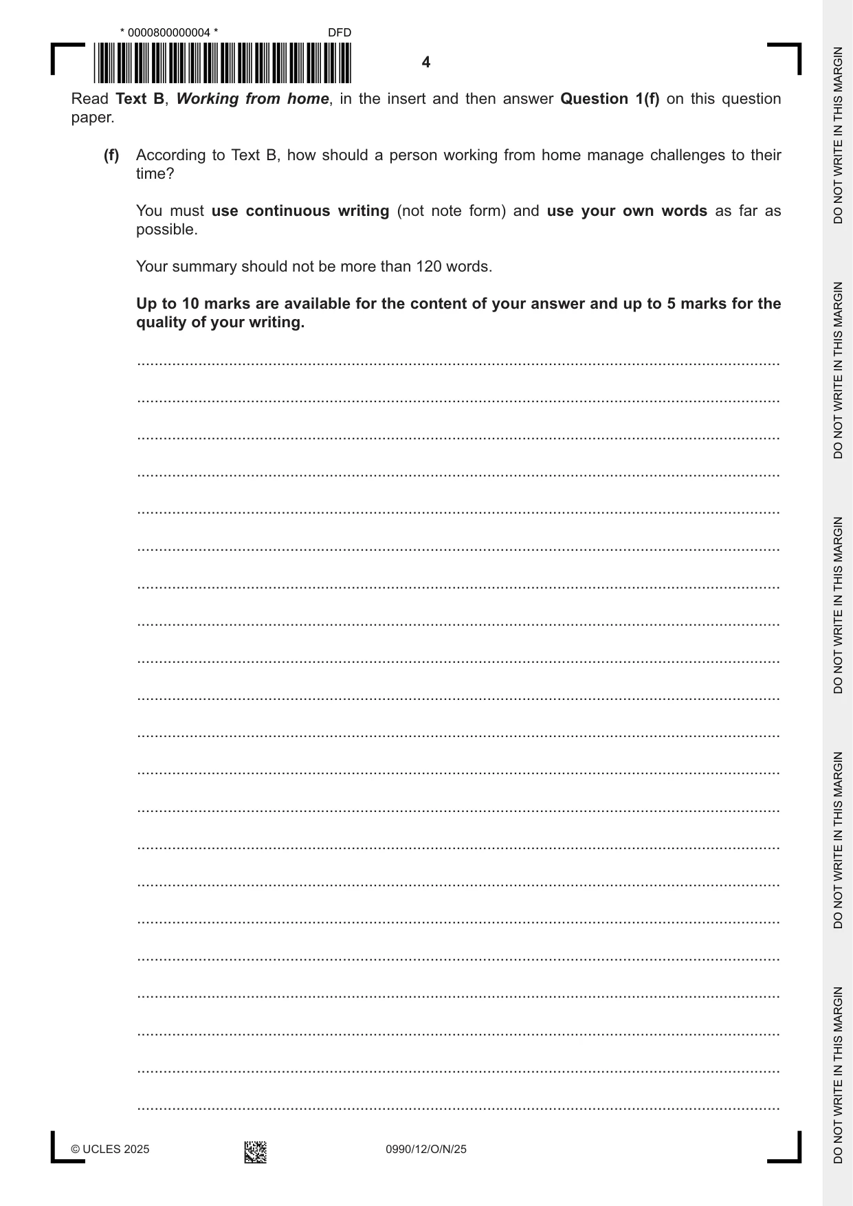 Cambridge IGCSE English - First Language (9-1) 0990 2025 Oct/Nov Paper 1 · Variant 2 question paper, page 4 of 16