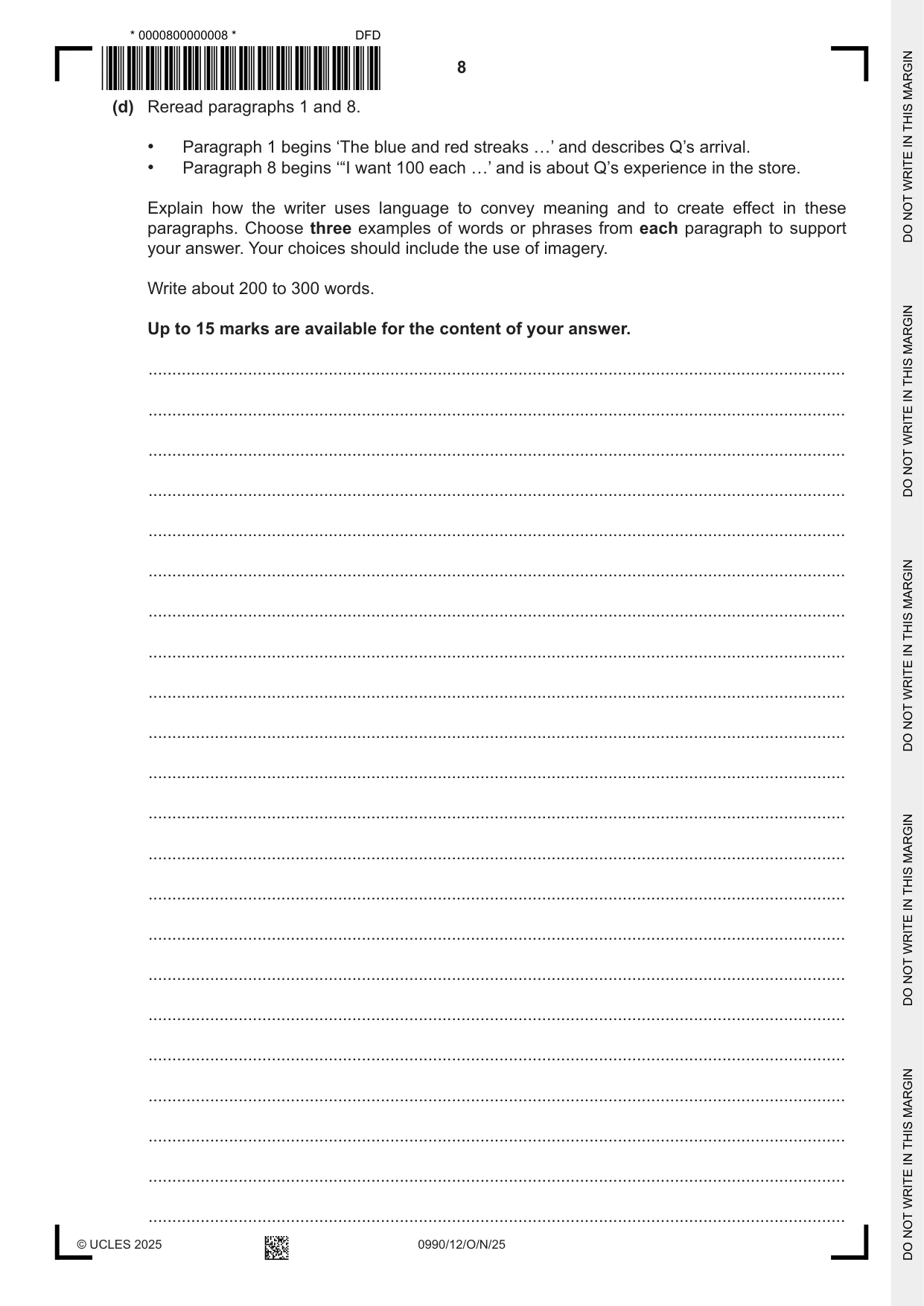 Cambridge IGCSE English - First Language (9-1) 0990 2025 Oct/Nov Paper 1 · Variant 2 question paper, page 8 of 16