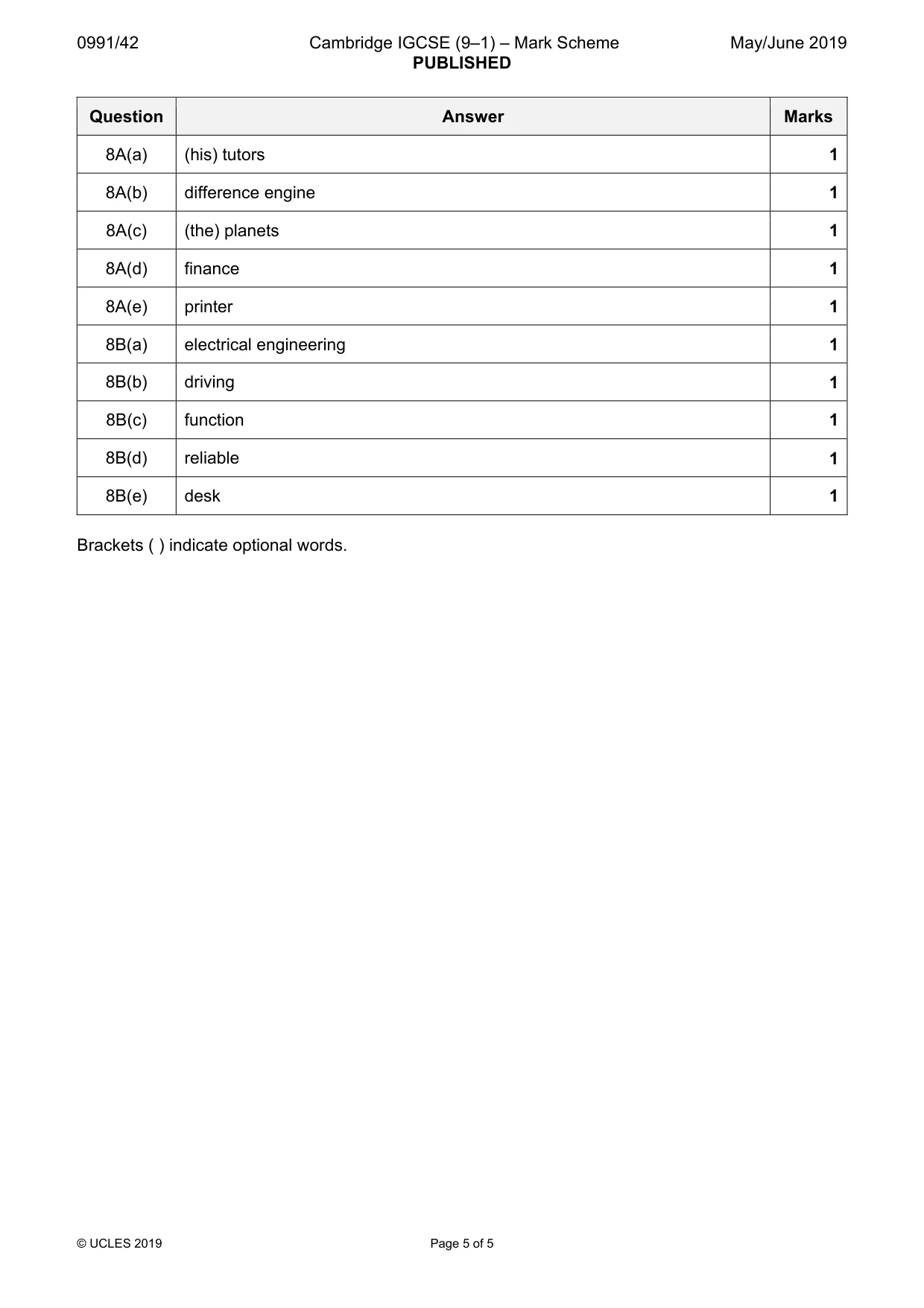 Mark scheme, page 5 of 5
