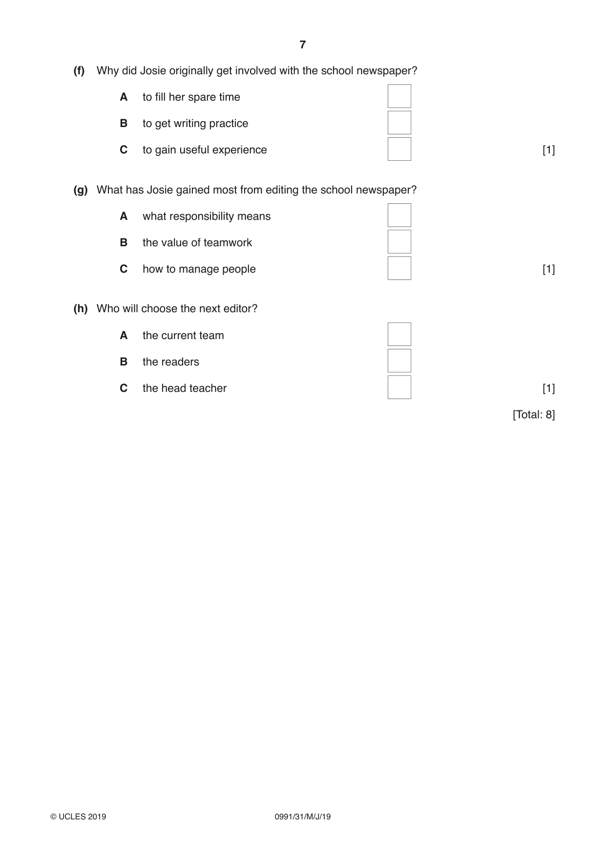 Cambridge IGCSE English - Second Language (9-1) 0991 2019 May/June Paper 3 · Variant 1 question paper, page 7 of 8