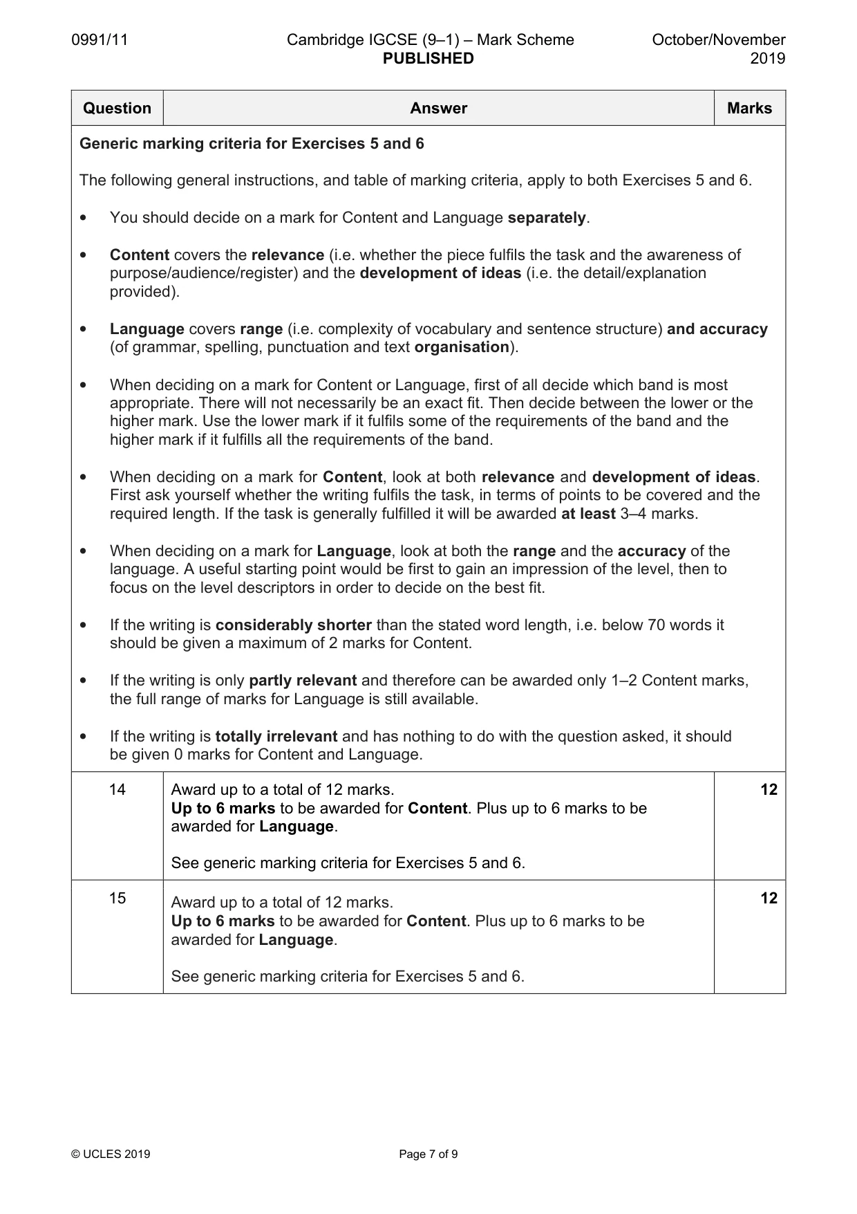 Mark scheme, page 7 of 9