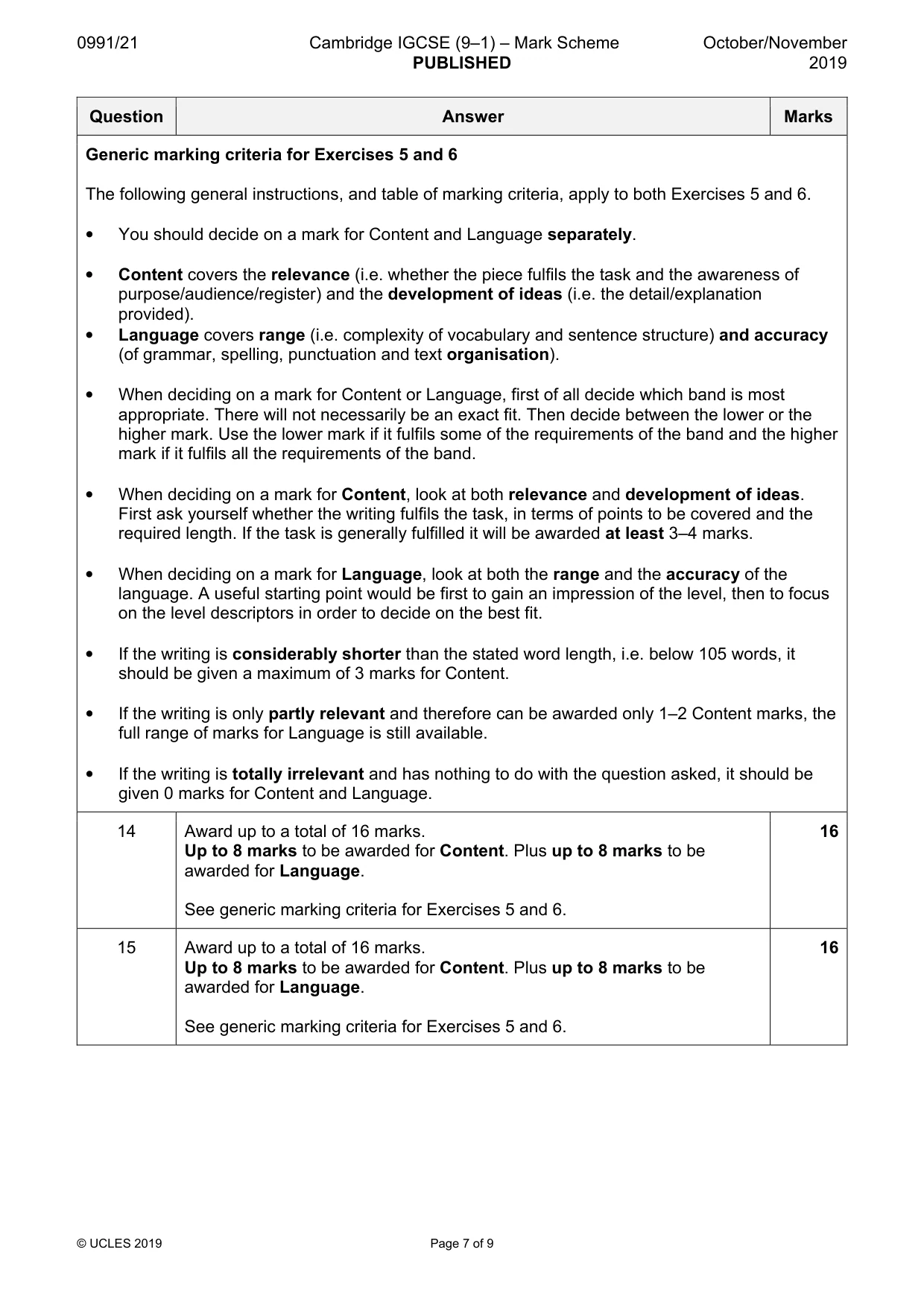 Mark scheme, page 7 of 9