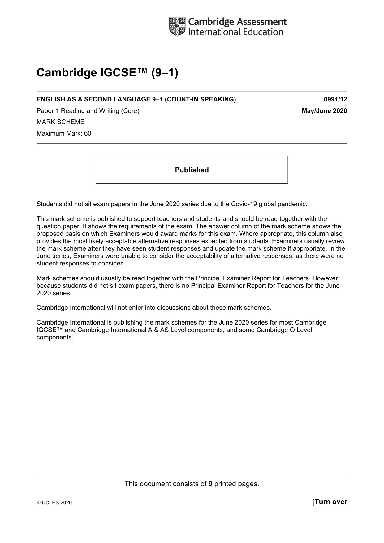 Mark scheme, page 1 of 9