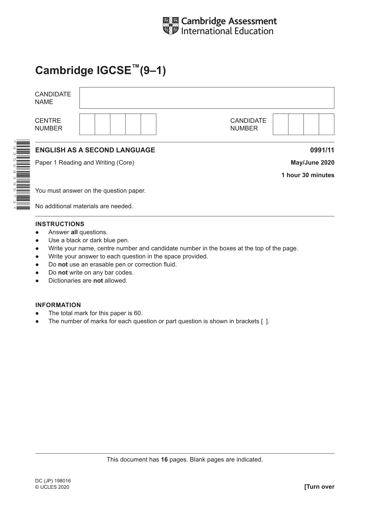 Cambridge IGCSE English - Second Language (9-1) 0991 2020 May/June Paper 1 · Variant 1 question paper, page 1 of 16