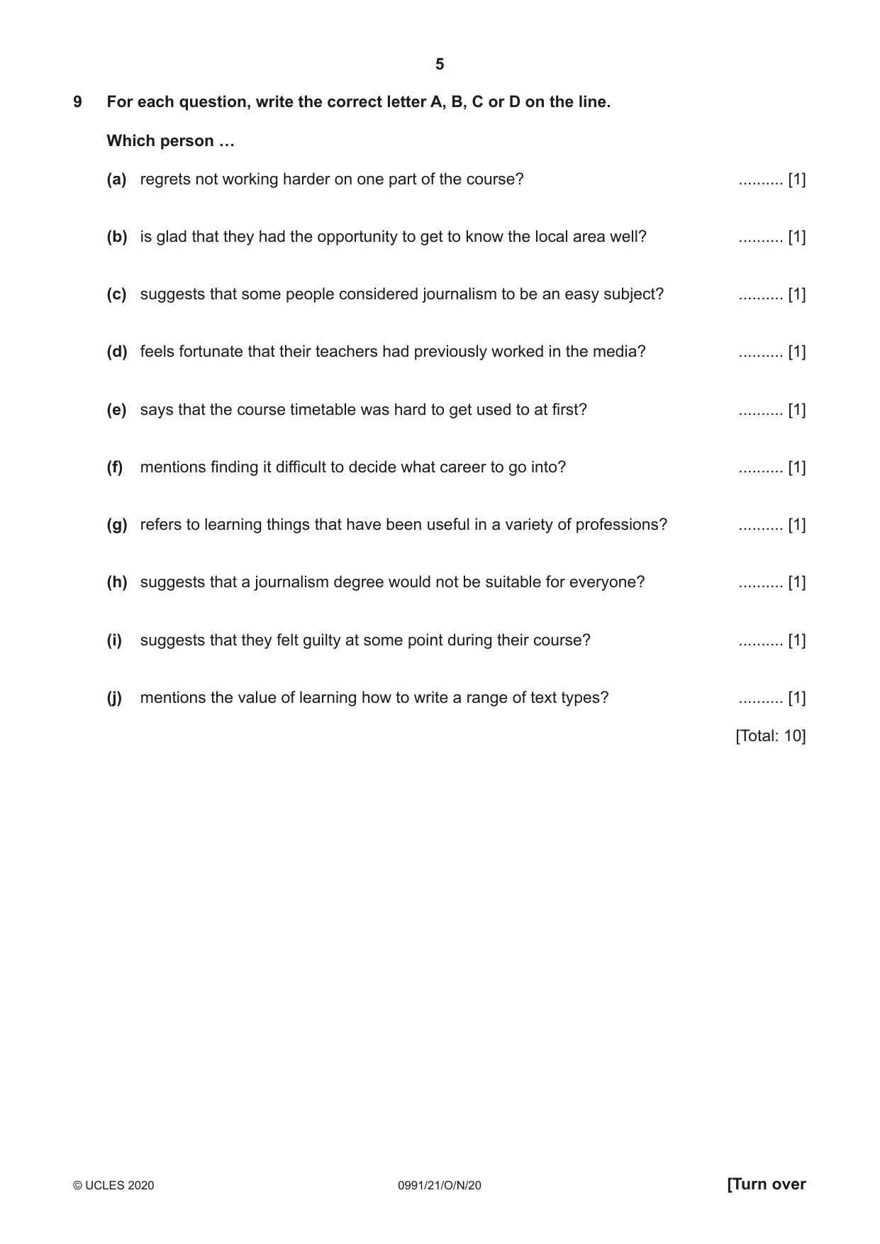 Cambridge IGCSE English - Second Language (9-1) 0991 2020 Oct/Nov Paper 2 · Variant 1 question paper, page 5 of 16