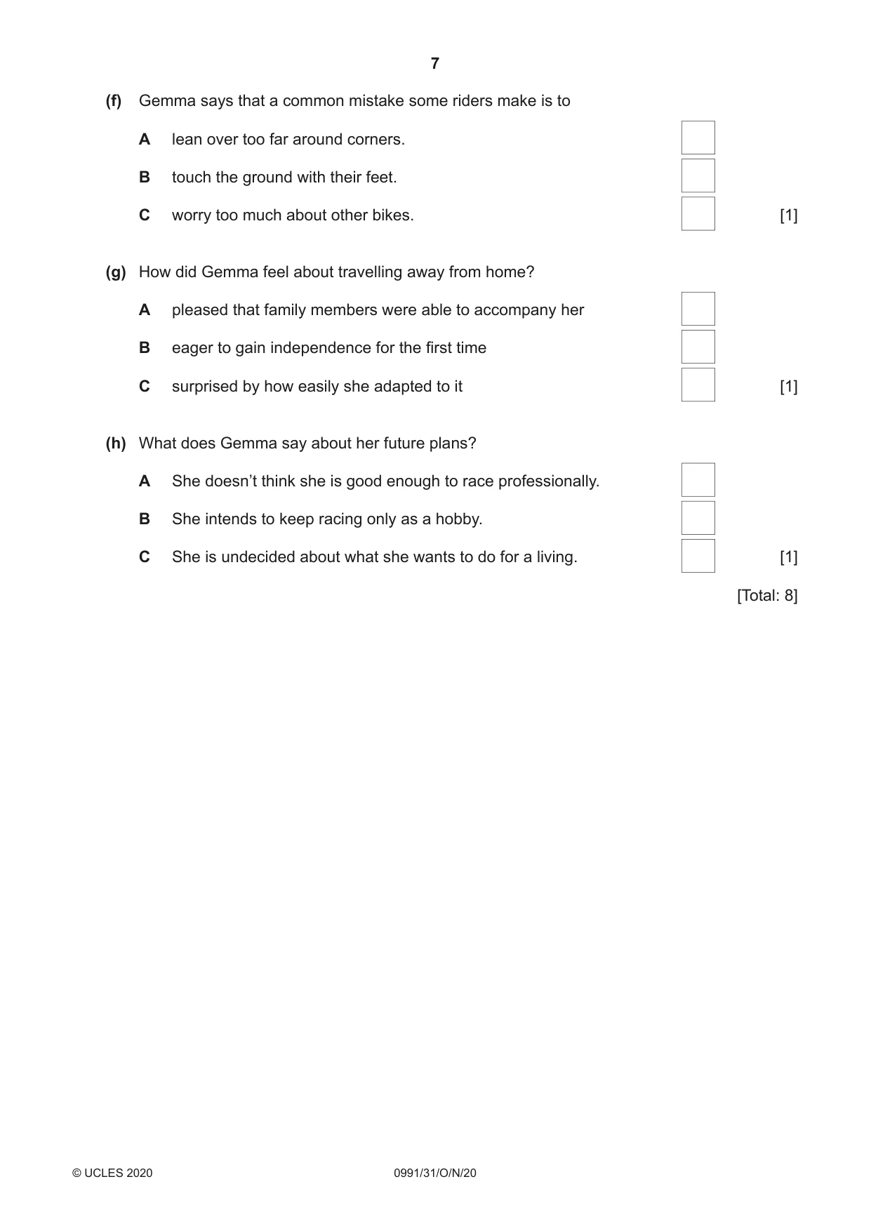 Cambridge IGCSE English - Second Language (9-1) 0991 2020 Oct/Nov Paper 3 · Variant 1 question paper, page 7 of 8