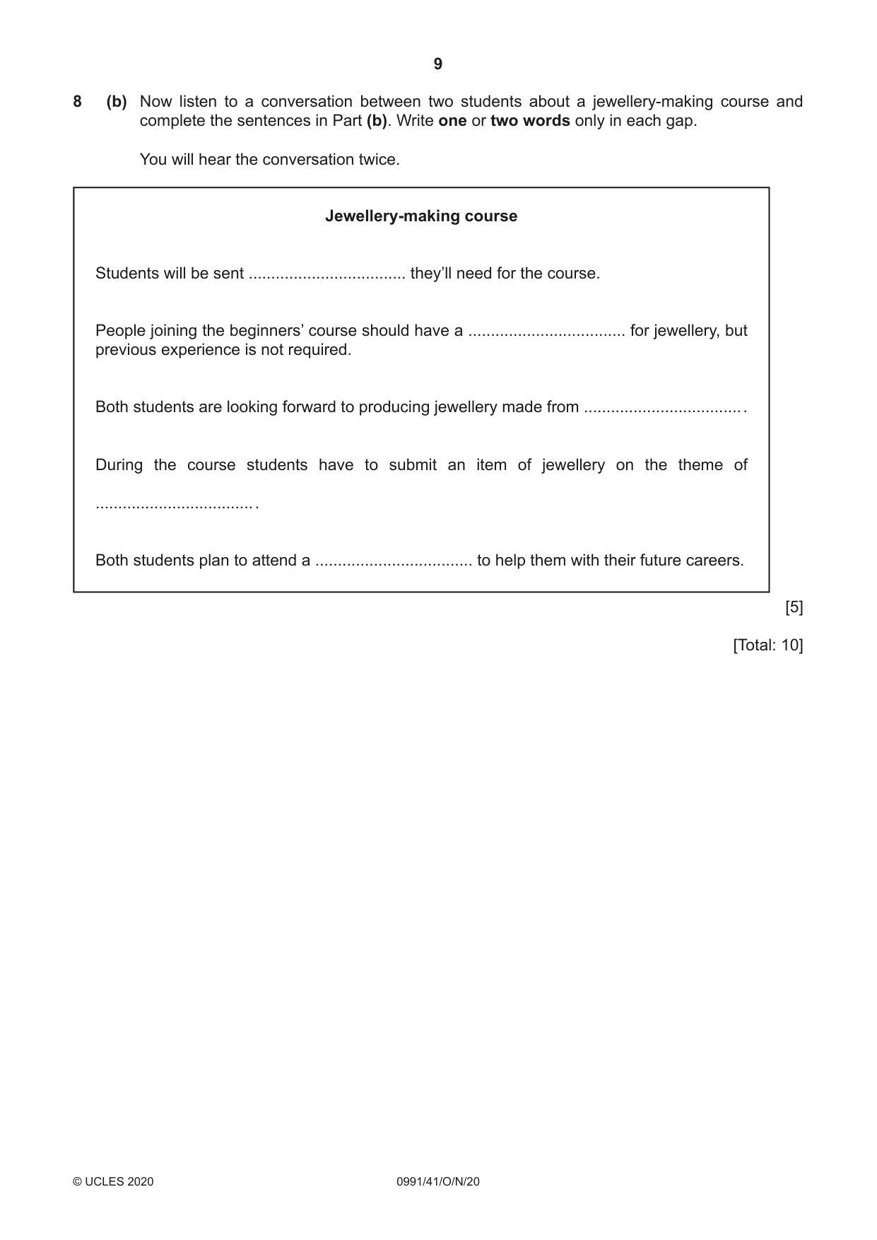 Cambridge IGCSE English - Second Language (9-1) 0991 2020 Oct/Nov Paper 4 · Variant 1 question paper, page 9 of 12