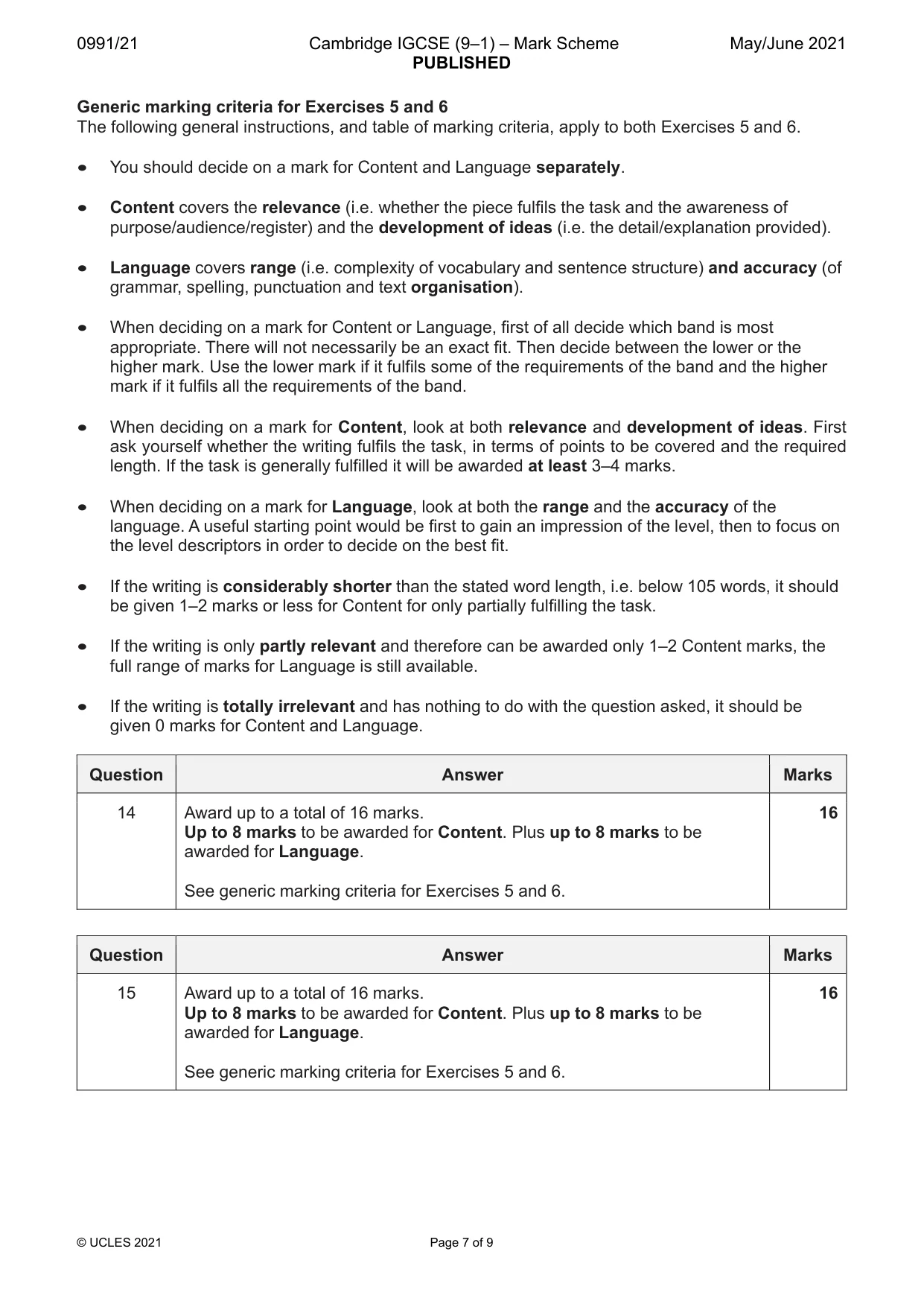Mark scheme, page 7 of 9
