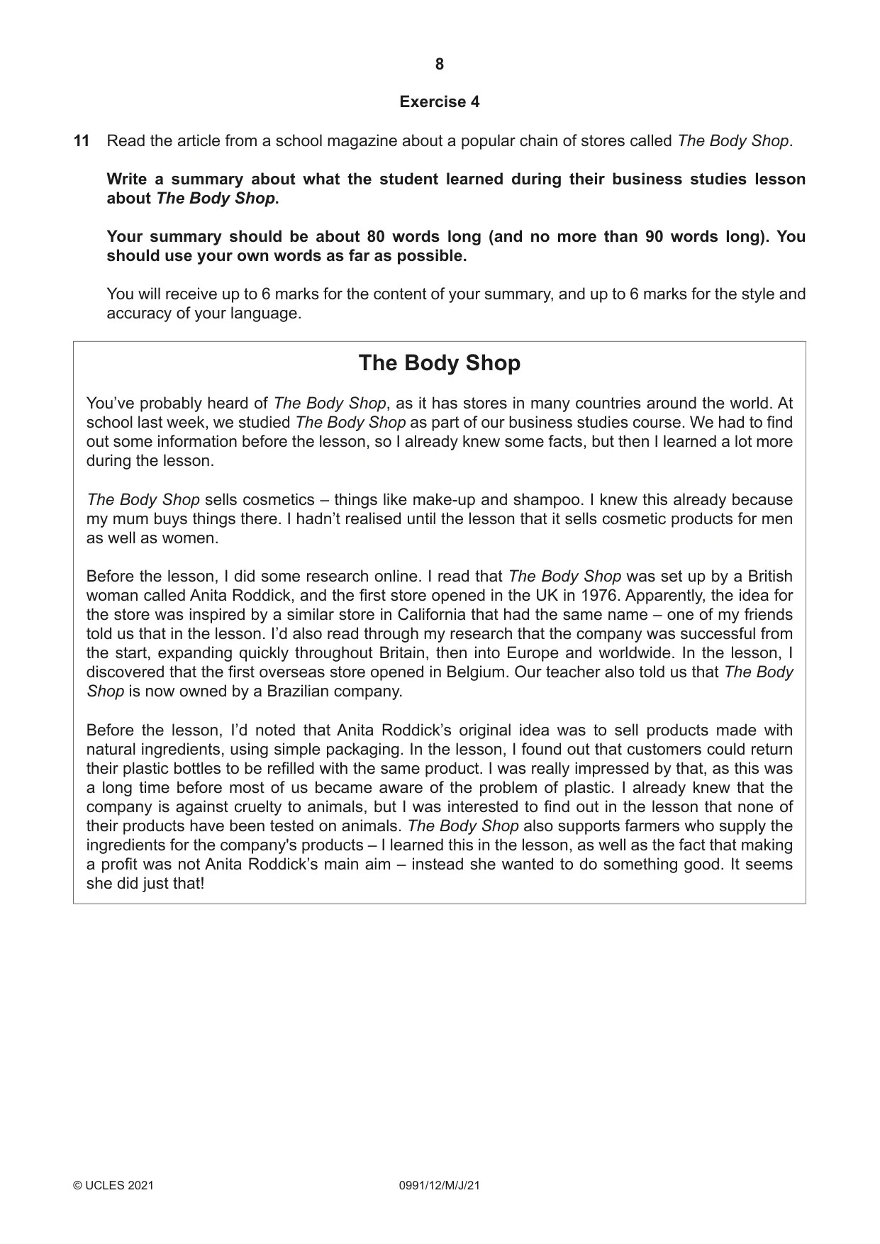 Cambridge IGCSE English - Second Language (9-1) 0991 2021 May/June Paper 1 · Variant 2 question paper, page 8 of 16