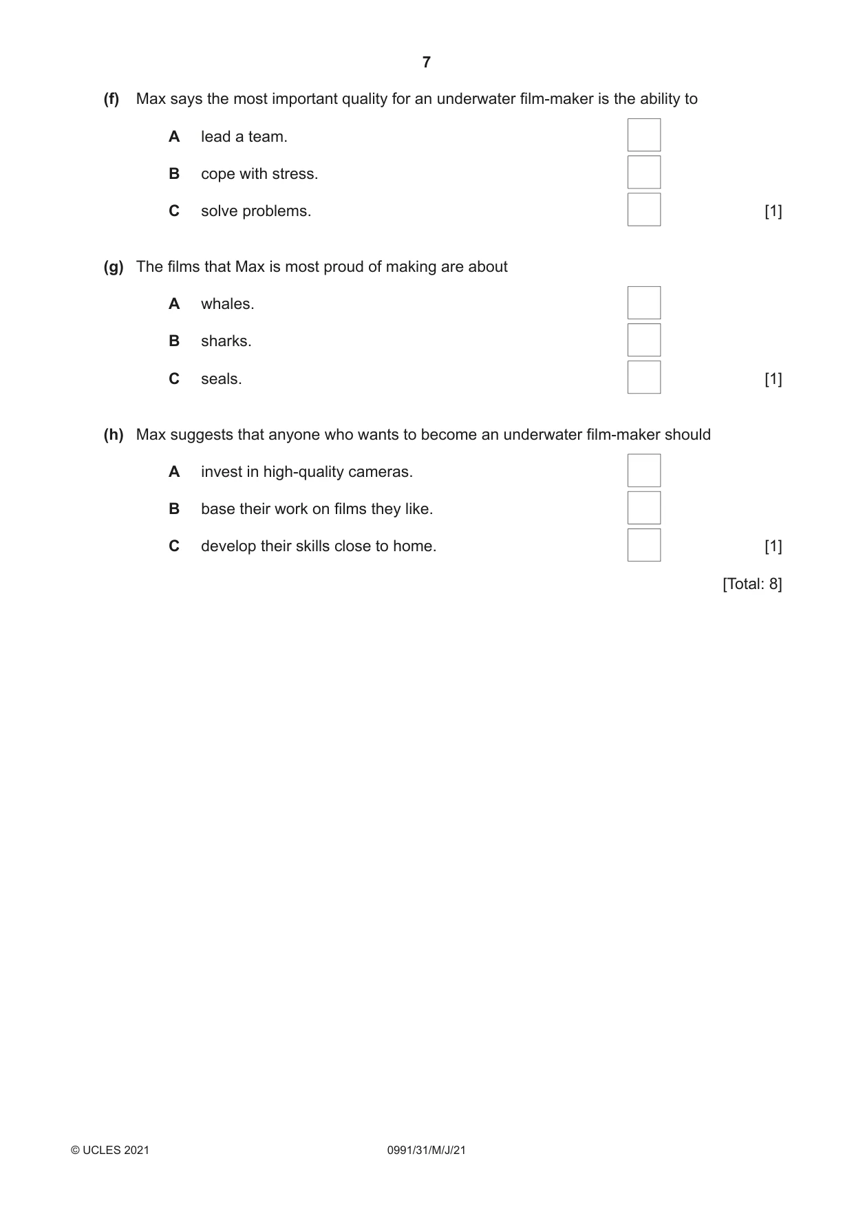 Cambridge IGCSE English - Second Language (9-1) 0991 2021 May/June Paper 3 · Variant 1 question paper, page 7 of 8