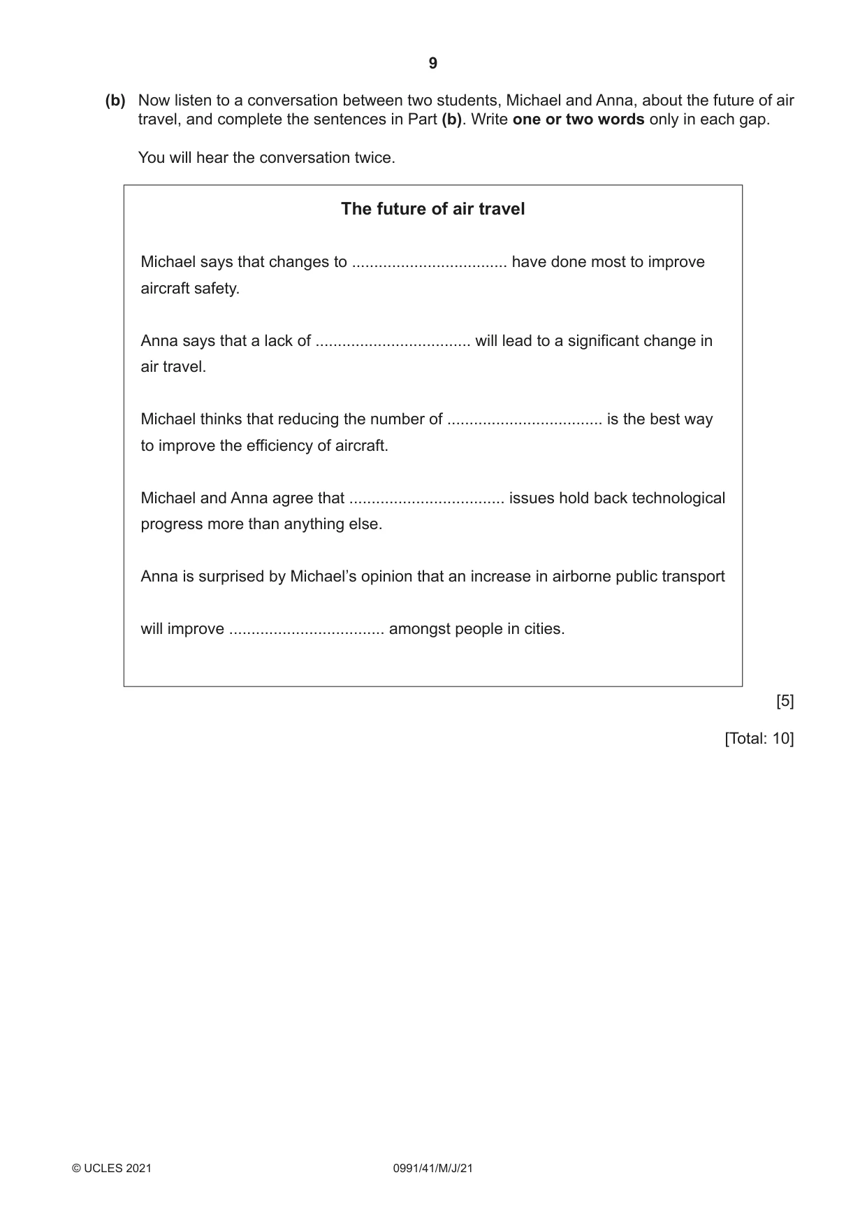 Cambridge IGCSE English - Second Language (9-1) 0991 2021 May/June Paper 4 · Variant 1 question paper, page 9 of 12