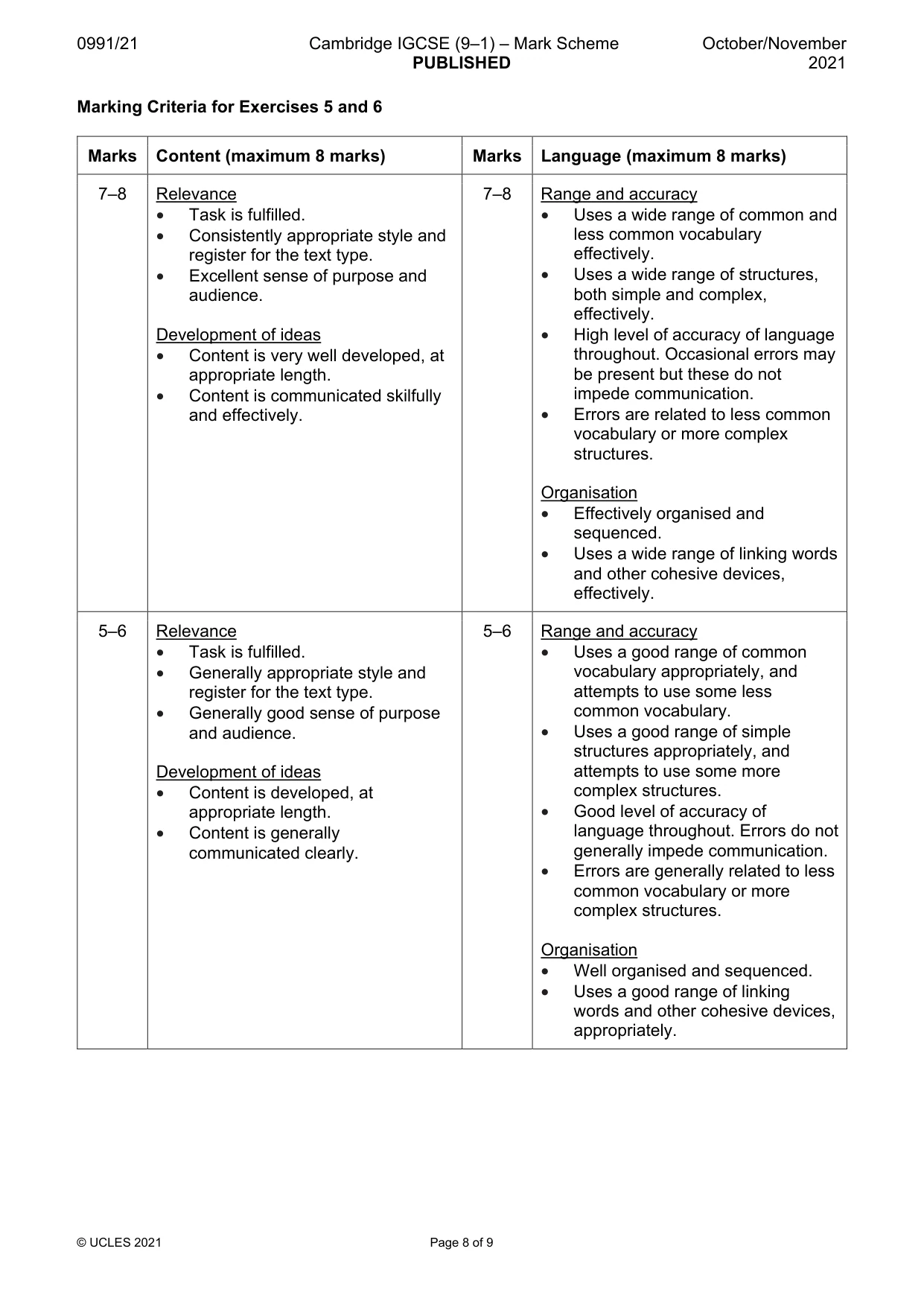 Mark scheme, page 8 of 9