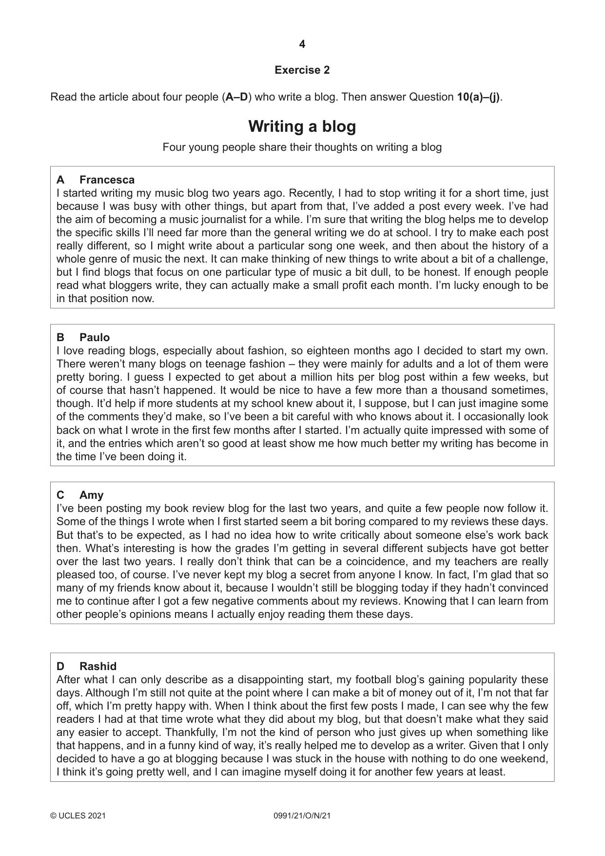 Cambridge IGCSE English - Second Language (9-1) 0991 2021 Oct/Nov Paper 2 · Variant 1 question paper, page 4 of 16