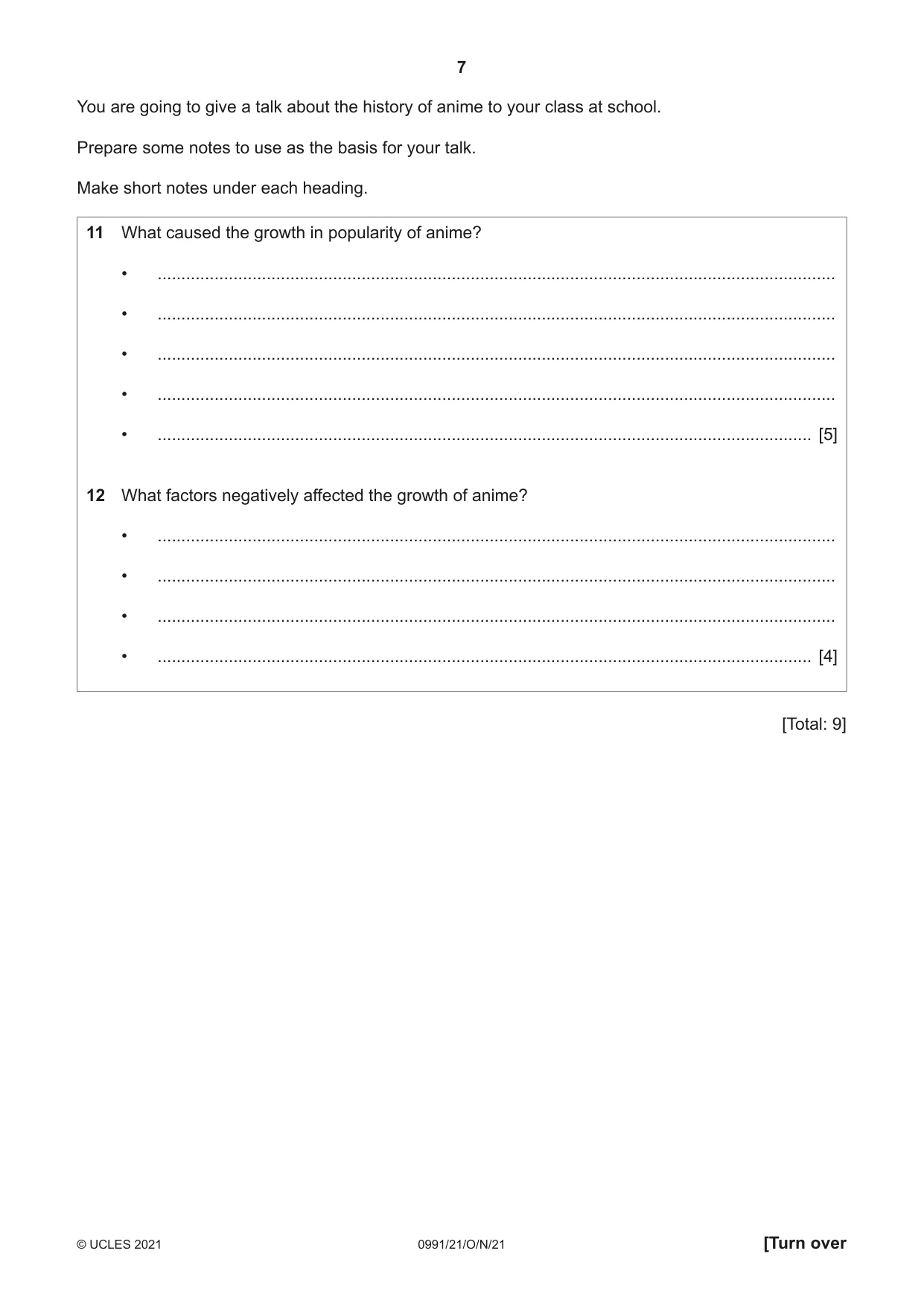 Cambridge IGCSE English - Second Language (9-1) 0991 2021 Oct/Nov Paper 2 · Variant 1 question paper, page 7 of 16