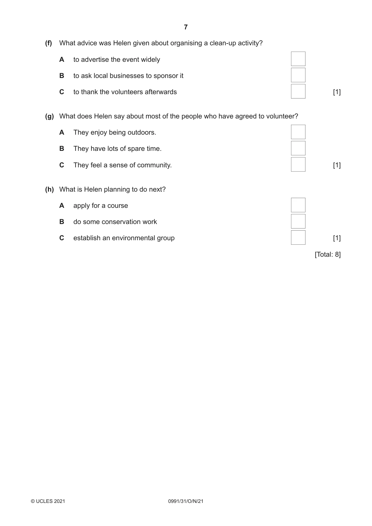 Cambridge IGCSE English - Second Language (9-1) 0991 2021 Oct/Nov Paper 3 · Variant 1 question paper, page 7 of 8