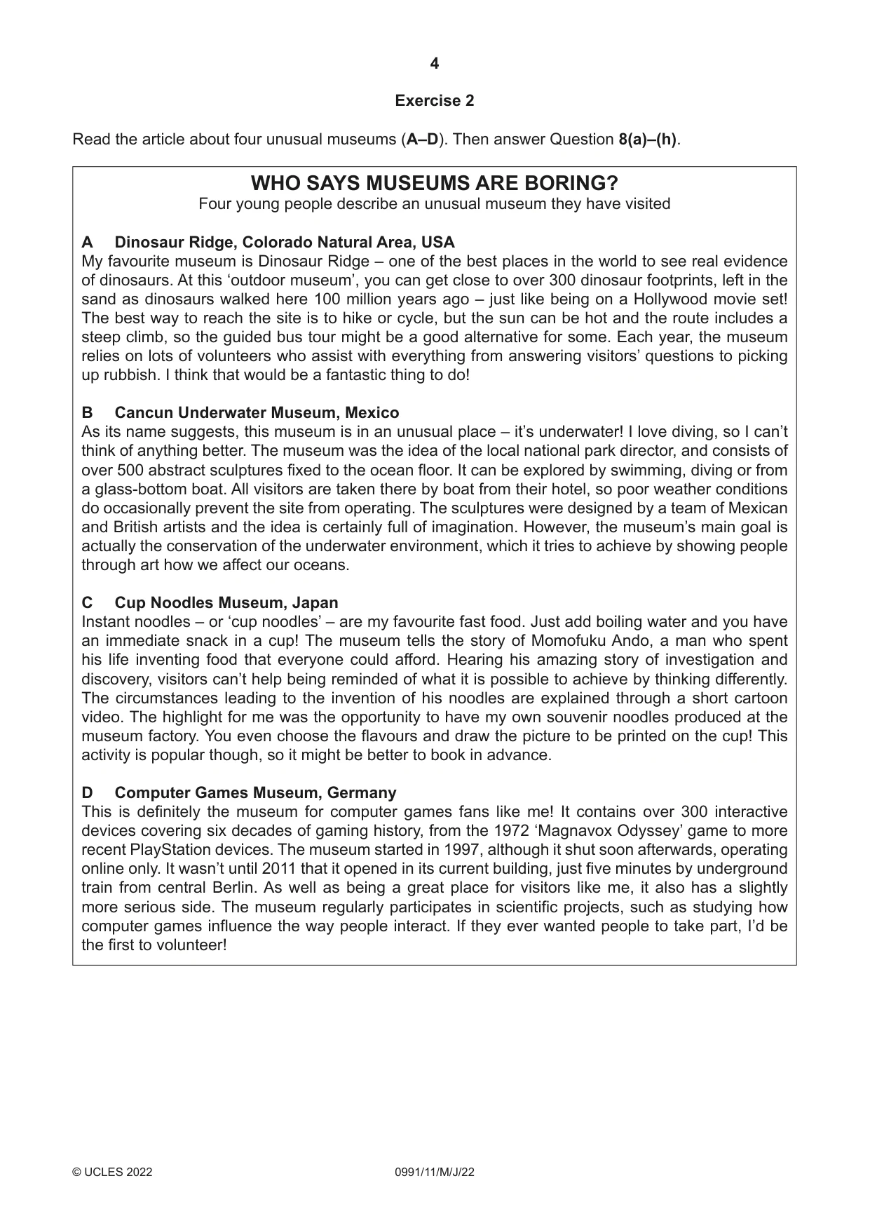 Cambridge IGCSE English - Second Language (9-1) 0991 2022 May/June Paper 1 · Variant 1 question paper, page 4 of 16