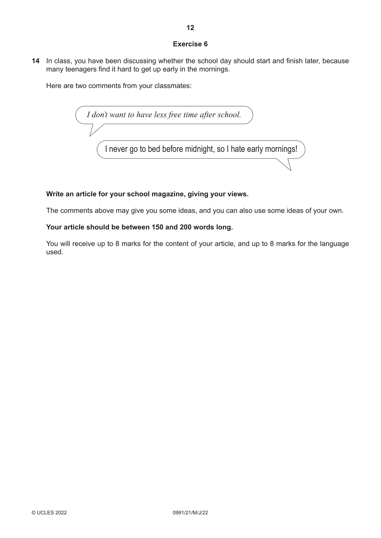 Cambridge IGCSE English - Second Language (9-1) 0991 2022 May/June Paper 2 · Variant 1 question paper, page 12 of 16