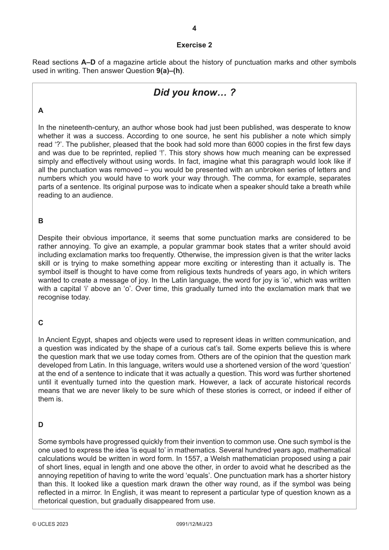 Cambridge IGCSE English - Second Language (9-1) 0991 2023 May/June Paper 1 · Variant 2 question paper, page 4 of 16
