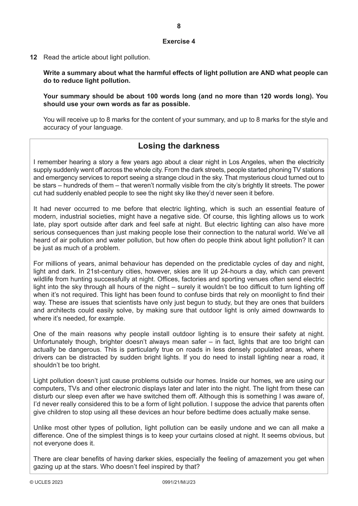 Cambridge IGCSE English - Second Language (9-1) 0991 2023 May/June Paper 2 · Variant 1 question paper, page 8 of 16