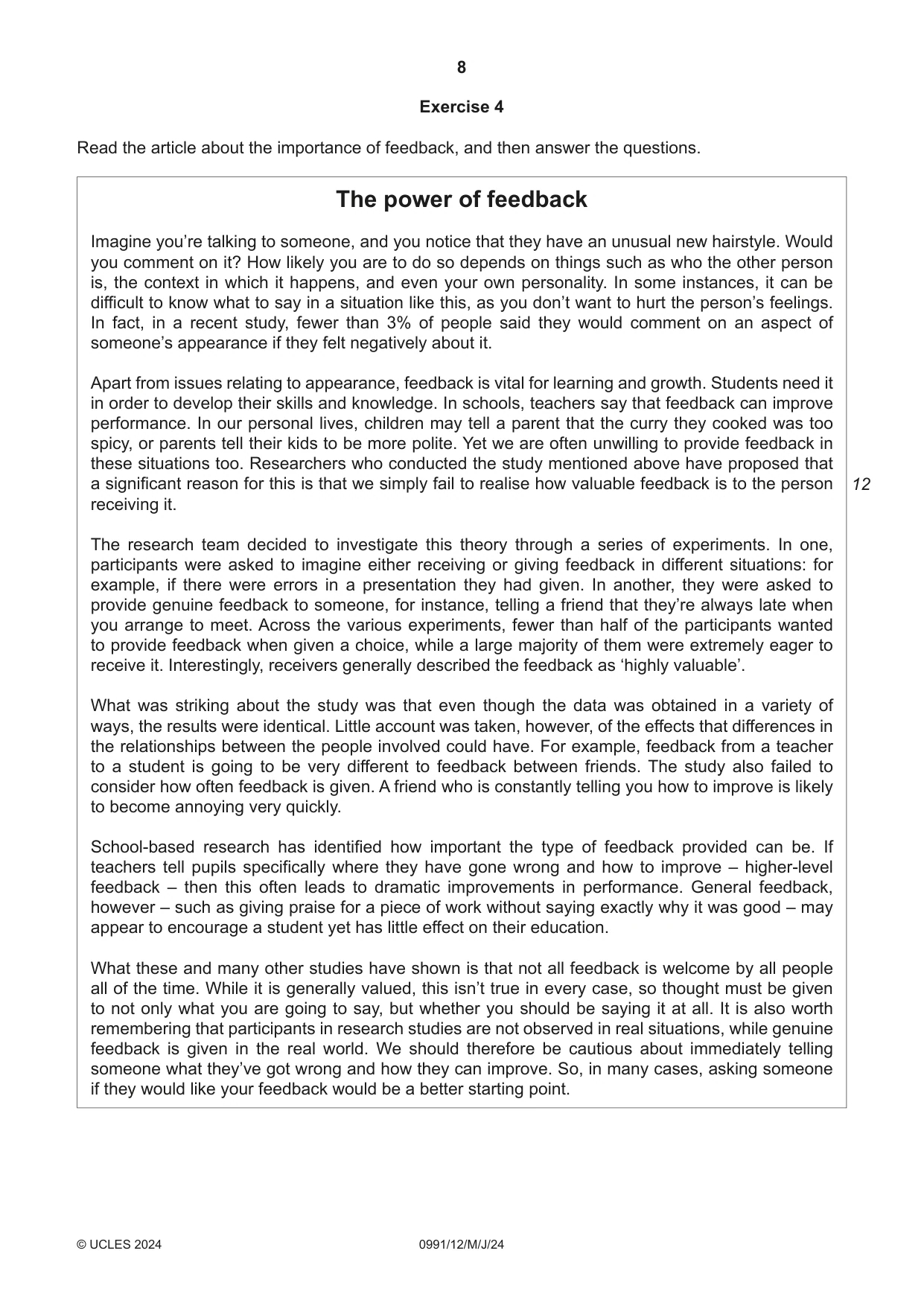 Cambridge IGCSE English - Second Language (9-1) 0991 2024 May/June Paper 1 · Variant 2 question paper, page 8 of 16