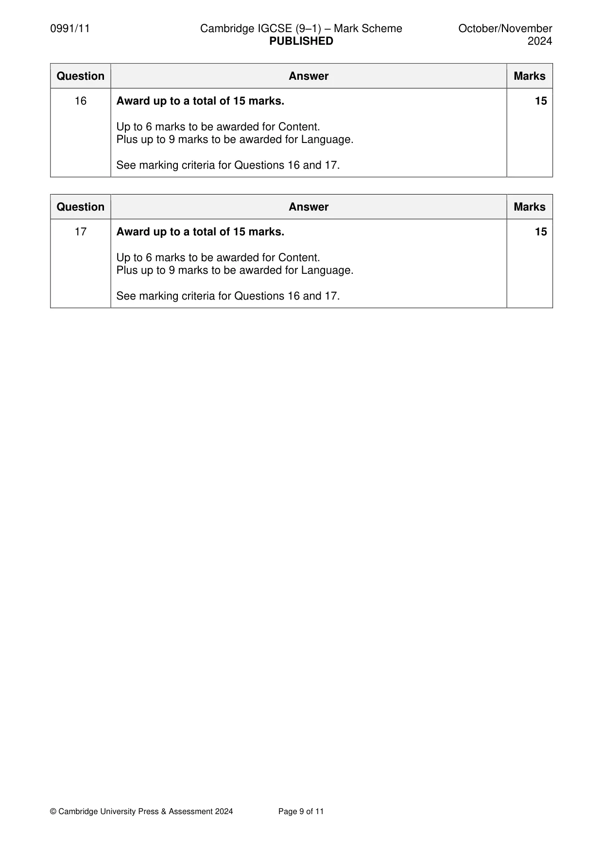 Mark scheme, page 9 of 11