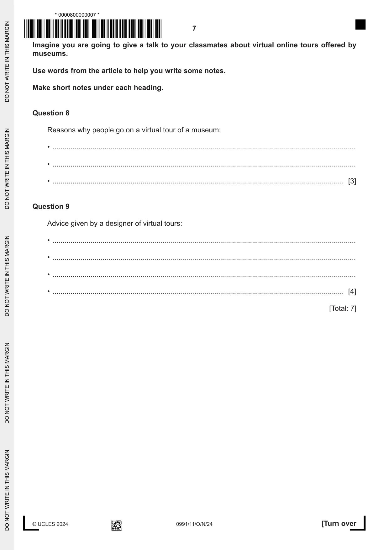 Cambridge IGCSE English - Second Language (9-1) 0991 2024 Oct/Nov Paper 1 · Variant 1 question paper, page 7 of 16