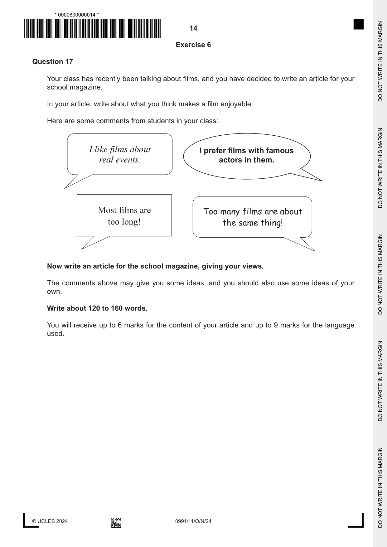 Cambridge IGCSE English - Second Language (9-1) 0991 2024 Oct/Nov Paper 1 · Variant 1 question paper, page 14 of 16