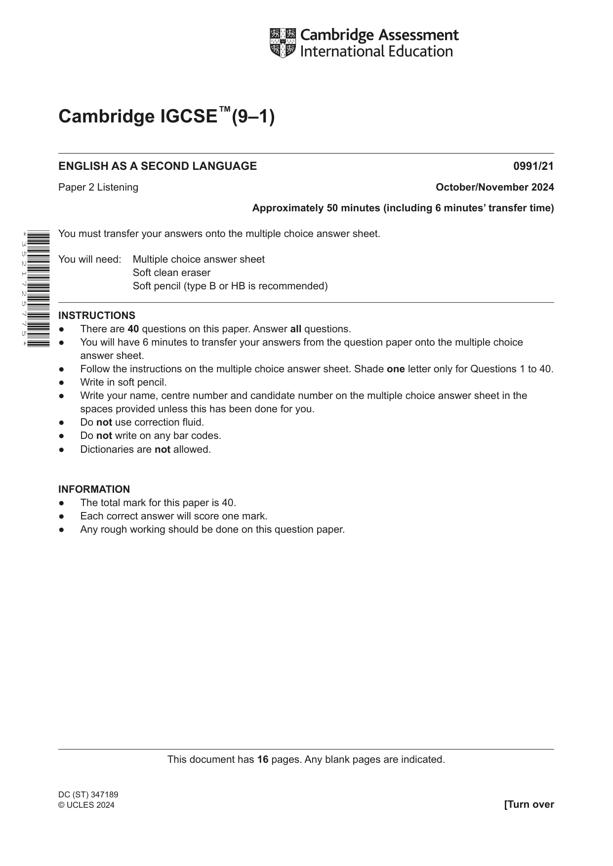 Cambridge IGCSE English - Second Language (9-1) 0991 2024 Oct/Nov Paper 2 · Variant 1 question paper, page 1 of 16