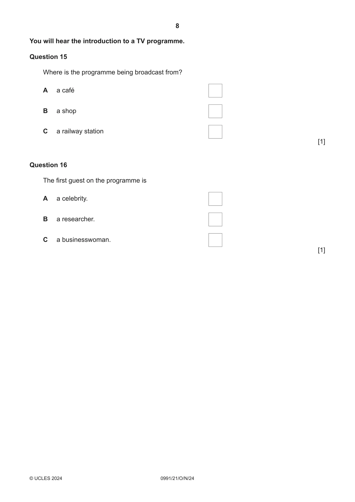 Cambridge IGCSE English - Second Language (9-1) 0991 2024 Oct/Nov Paper 2 · Variant 1 question paper, page 8 of 16