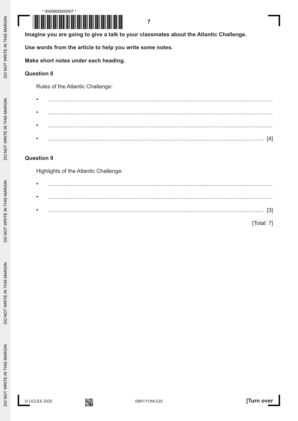 Cambridge IGCSE English - Second Language (9-1) 0991 2025 May/June Paper 1 · Variant 1 question paper, page 7 of 16