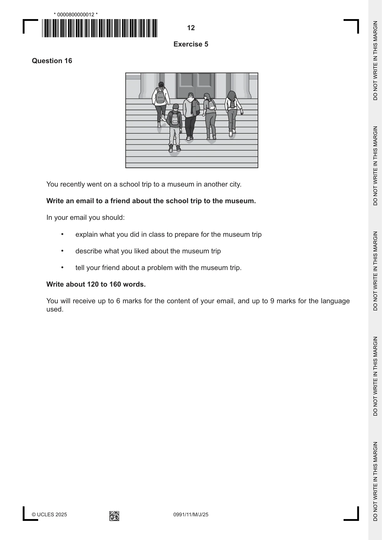 Cambridge IGCSE English - Second Language (9-1) 0991 2025 May/June Paper 1 · Variant 1 question paper, page 12 of 16