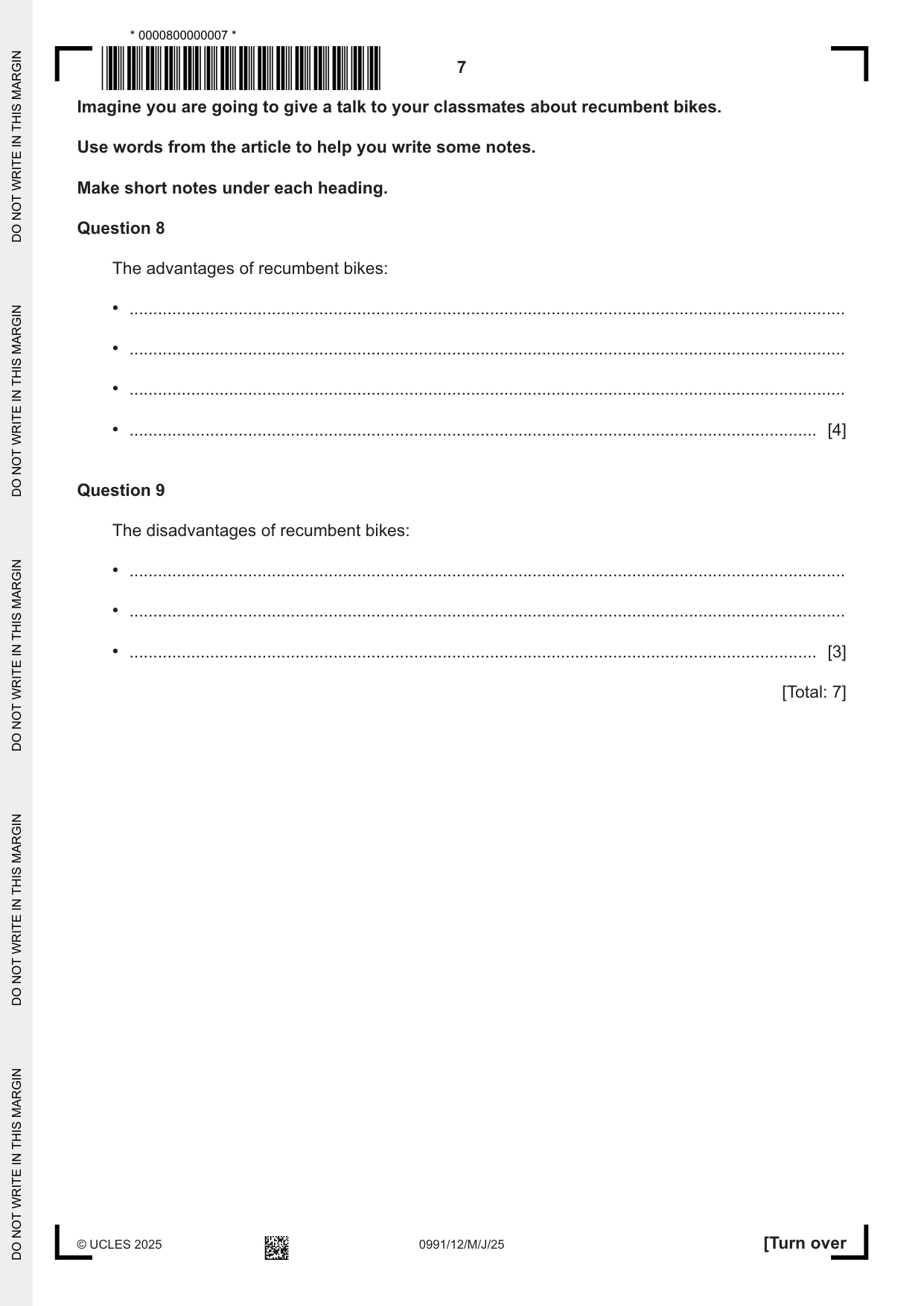 Cambridge IGCSE English - Second Language (9-1) 0991 2025 May/June Paper 1 · Variant 2 question paper, page 7 of 16