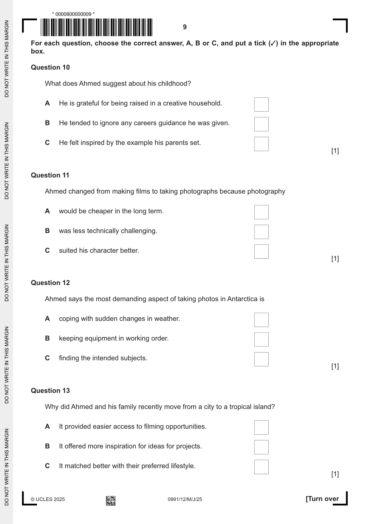 Cambridge IGCSE English - Second Language (9-1) 0991 2025 May/June Paper 1 · Variant 2 question paper, page 9 of 16