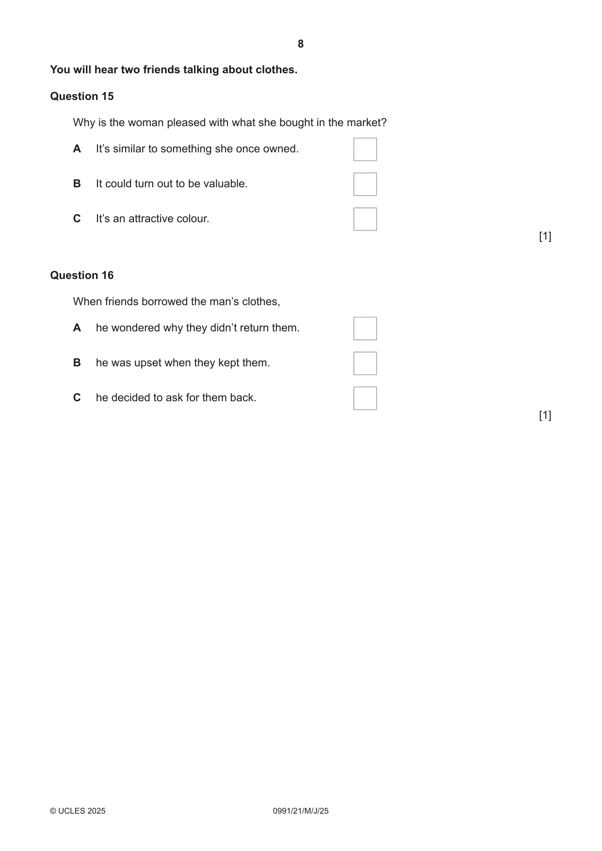 Cambridge IGCSE English - Second Language (9-1) 0991 2025 May/June Paper 2 · Variant 1 question paper, page 8 of 16