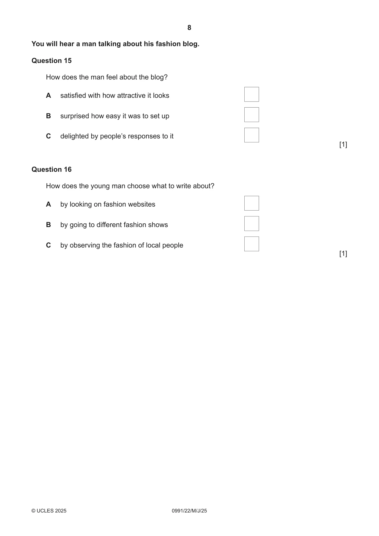 Cambridge IGCSE English - Second Language (9-1) 0991 2025 May/June Paper 2 · Variant 2 question paper, page 8 of 16