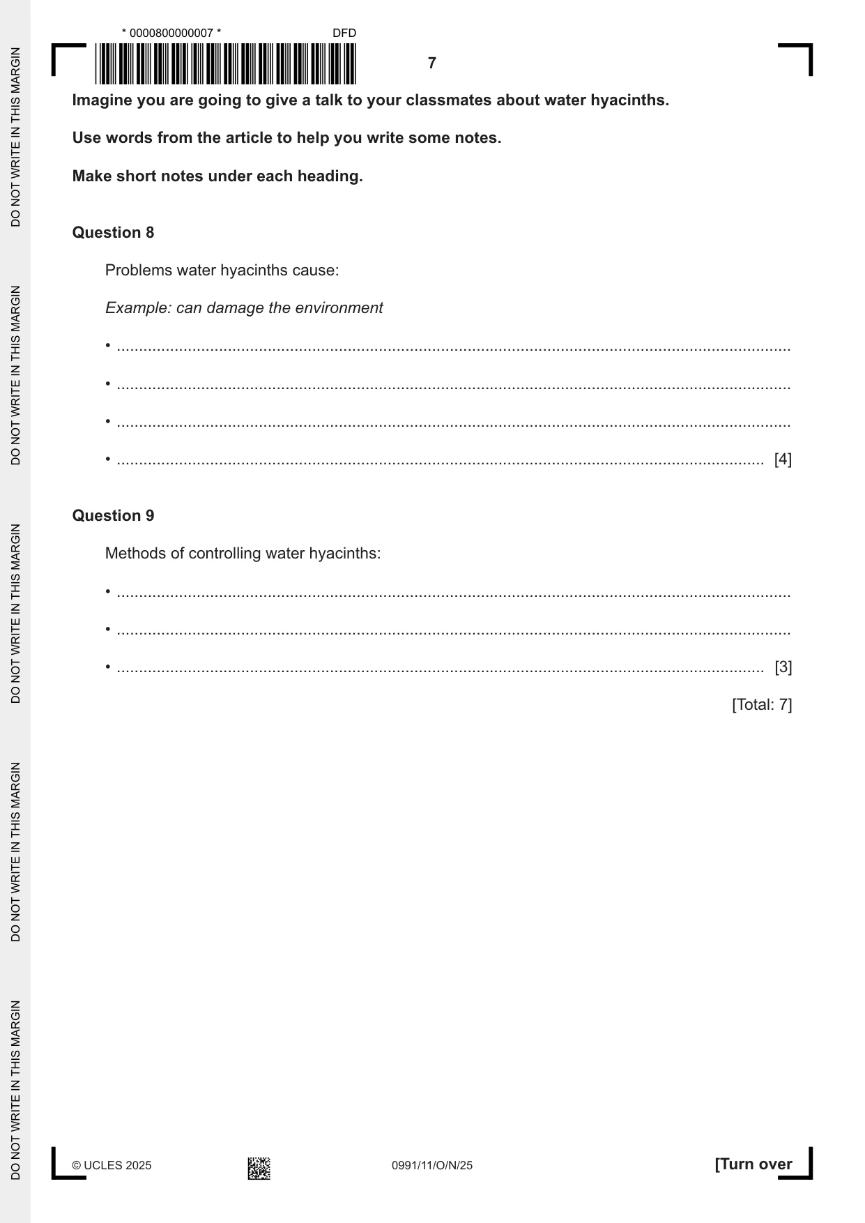Cambridge IGCSE English - Second Language (9-1) 0991 2025 Oct/Nov Paper 1 · Variant 1 question paper, page 7 of 16