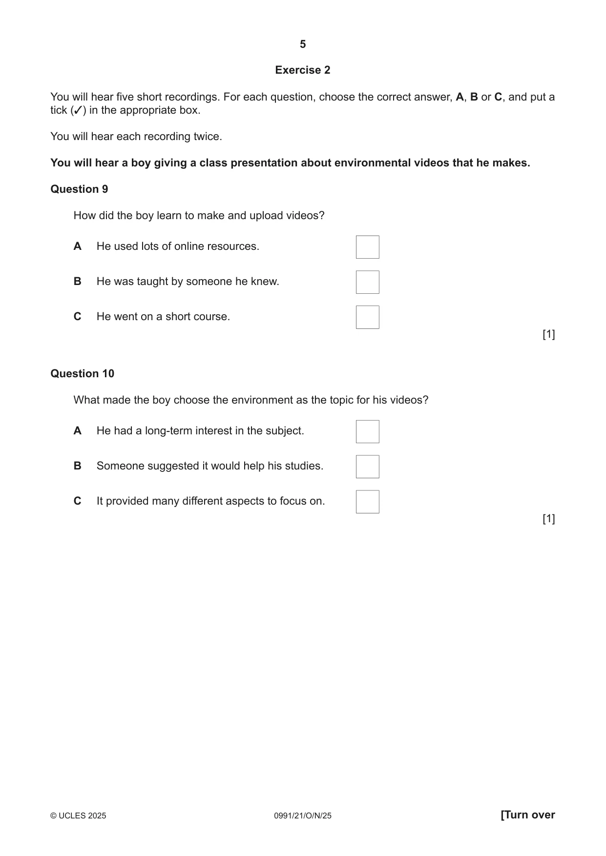 Cambridge IGCSE English - Second Language (9-1) 0991 2025 Oct/Nov Paper 2 · Variant 1 question paper, page 5 of 16