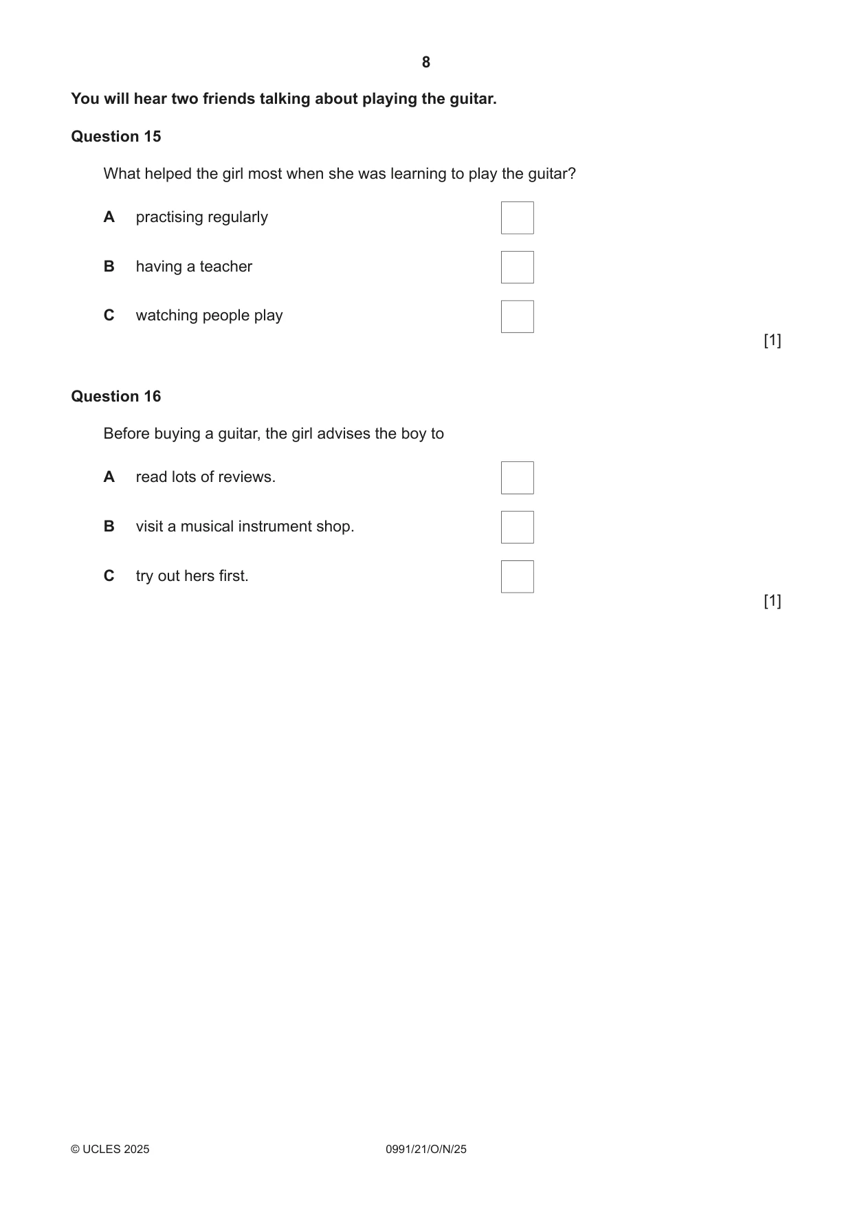 Cambridge IGCSE English - Second Language (9-1) 0991 2025 Oct/Nov Paper 2 · Variant 1 question paper, page 8 of 16