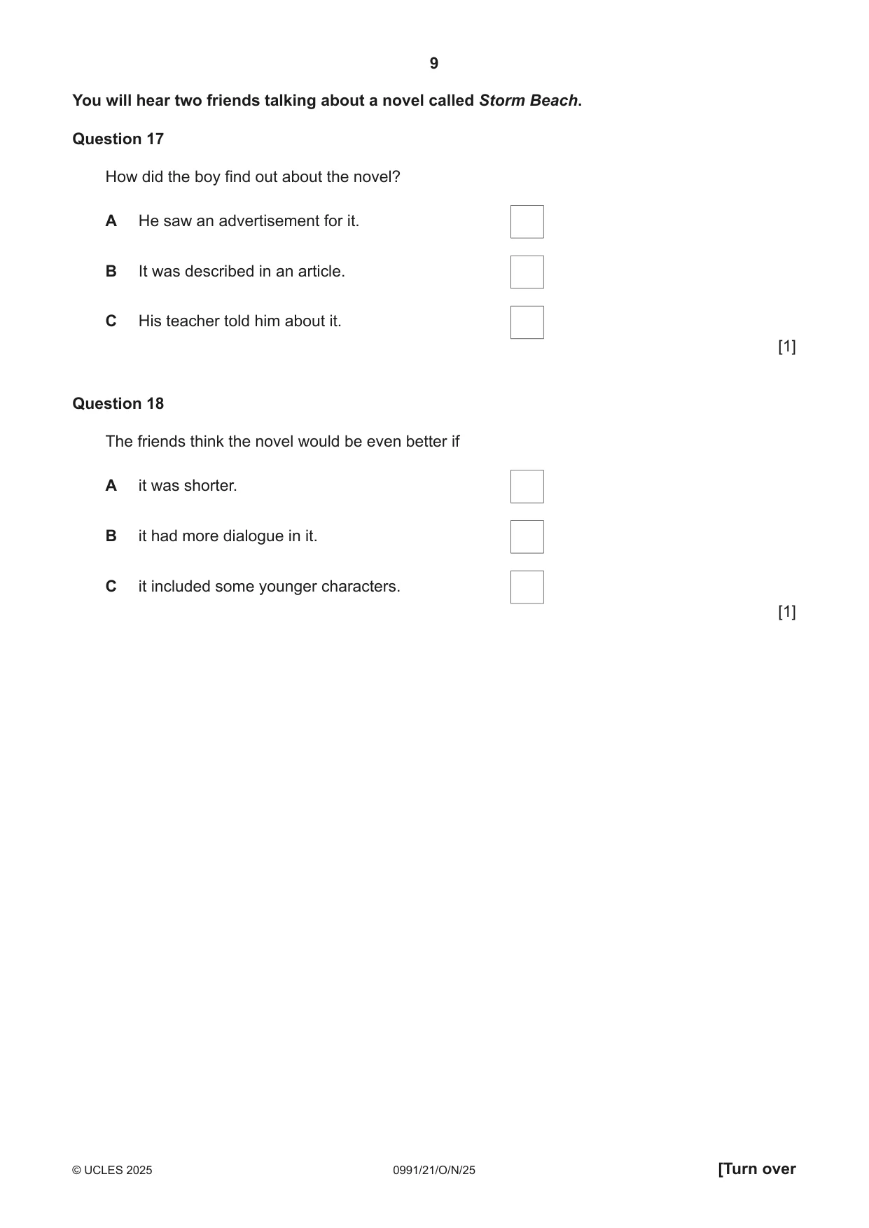 Cambridge IGCSE English - Second Language (9-1) 0991 2025 Oct/Nov Paper 2 · Variant 1 question paper, page 9 of 16