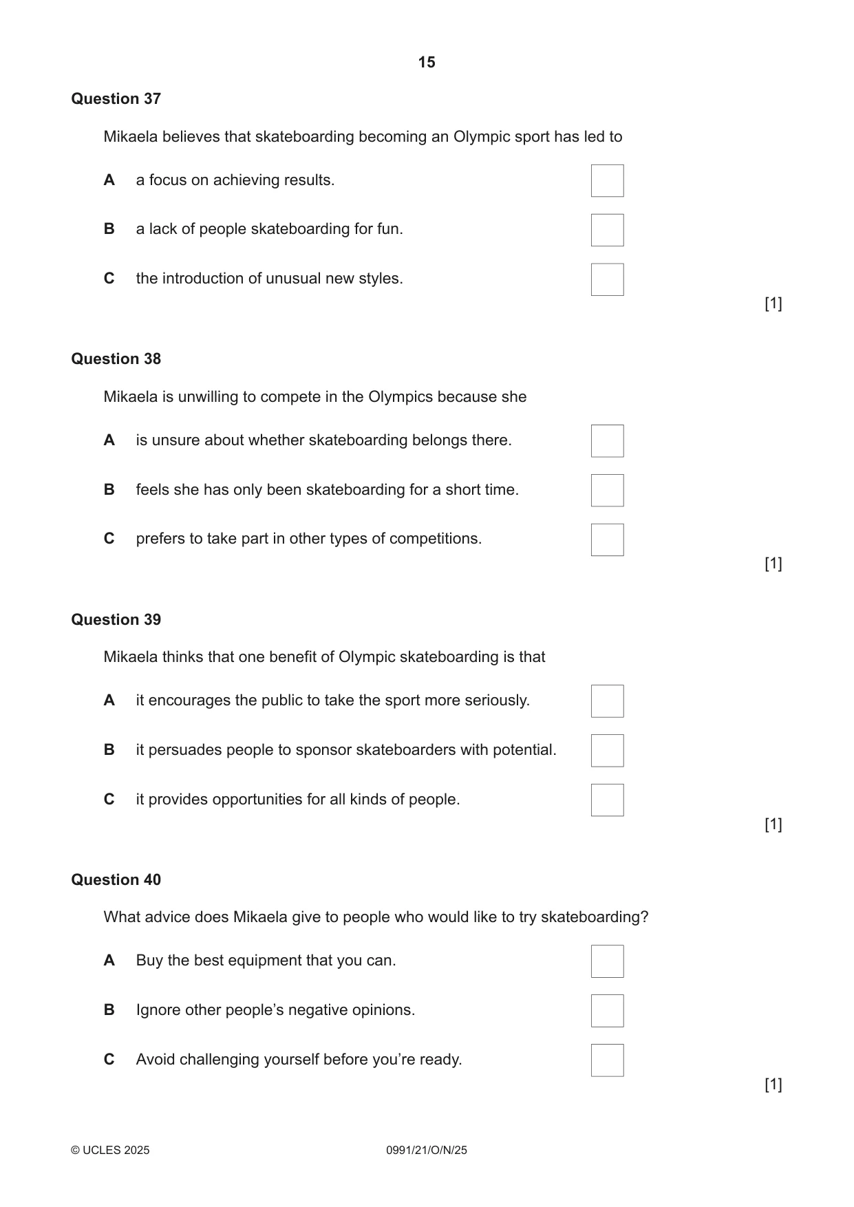 Cambridge IGCSE English - Second Language (9-1) 0991 2025 Oct/Nov Paper 2 · Variant 1 question paper, page 15 of 16