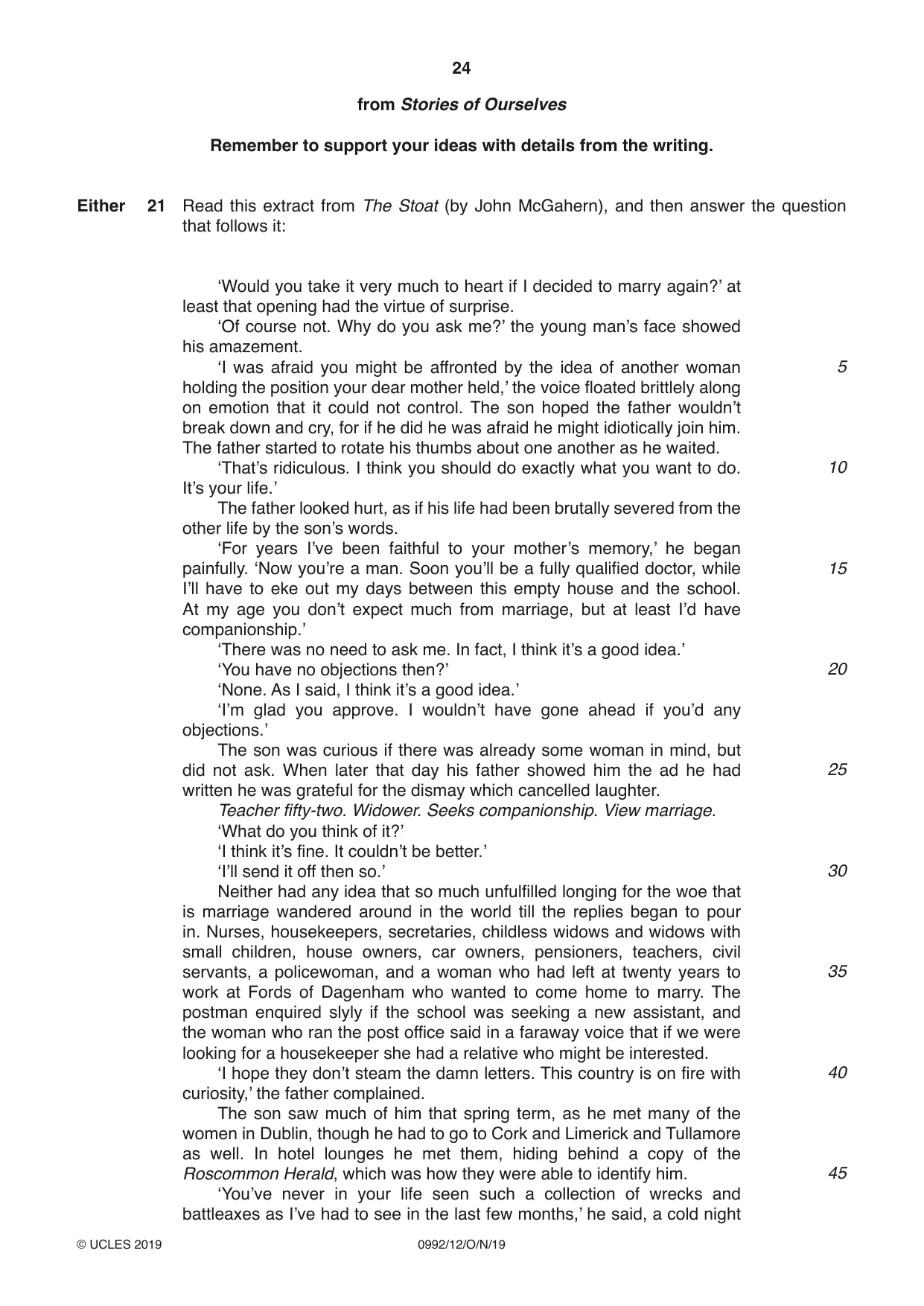 Cambridge IGCSE English - Literature in English (9-1) 0992 2019 Oct/Nov Paper 1 · Variant 2 question paper, page 24 of 28